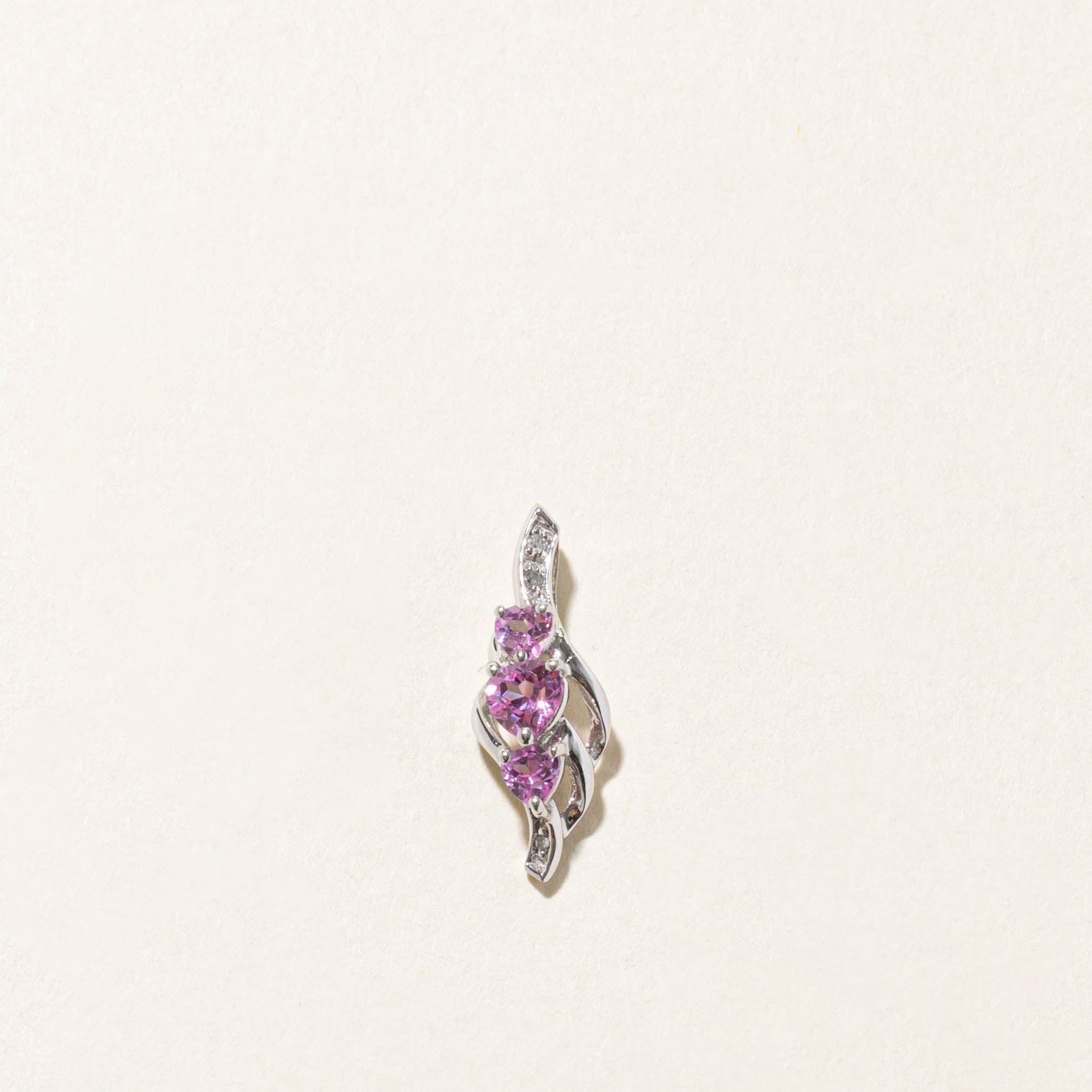 10k Three Stone Heart Cut Synthetic Sapphire & Diamond Abstract Pendant | 0.50ct, 0.02ctw