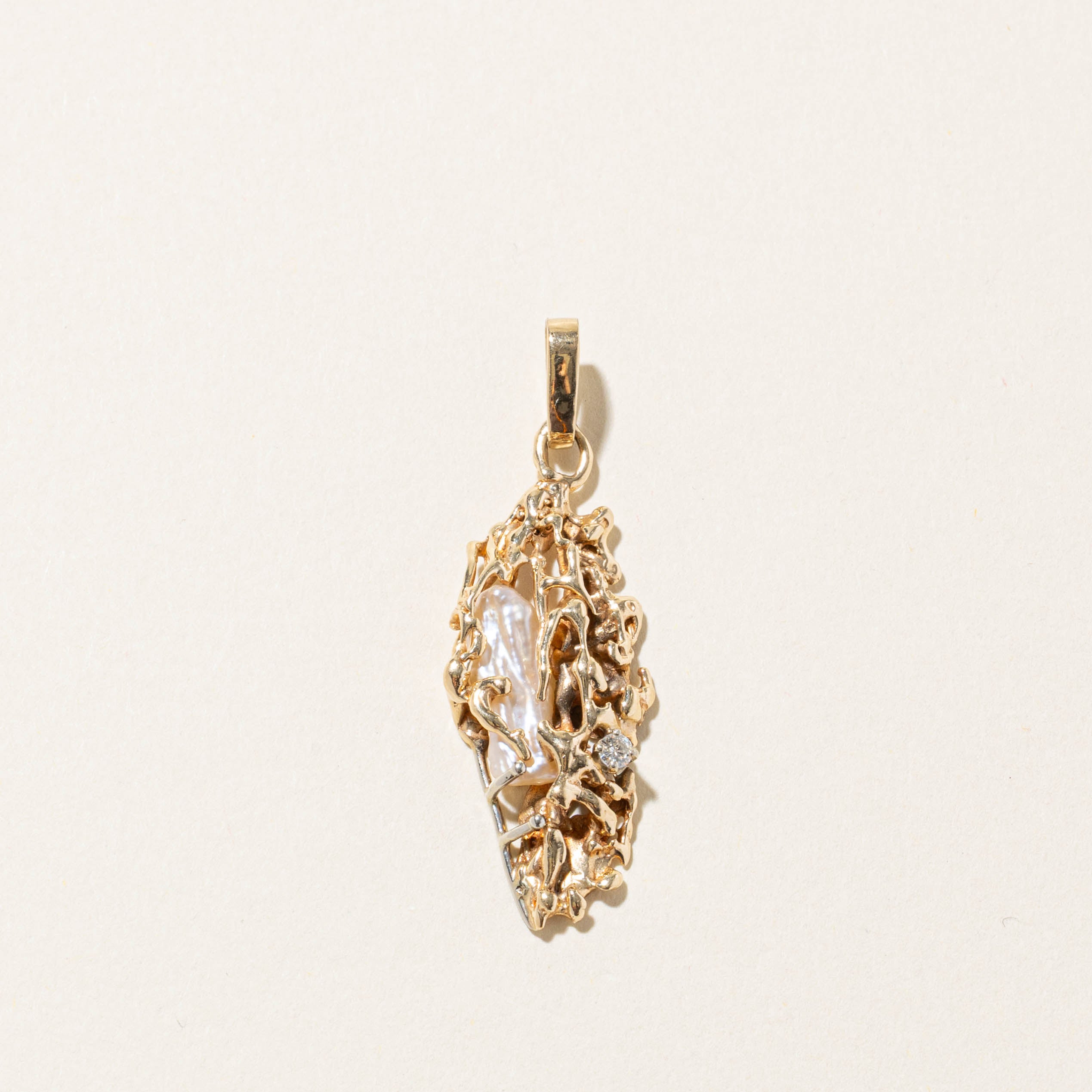 12k Diamond & Baroque Pearl Openwork Abstract Pendant | 0.05ctw