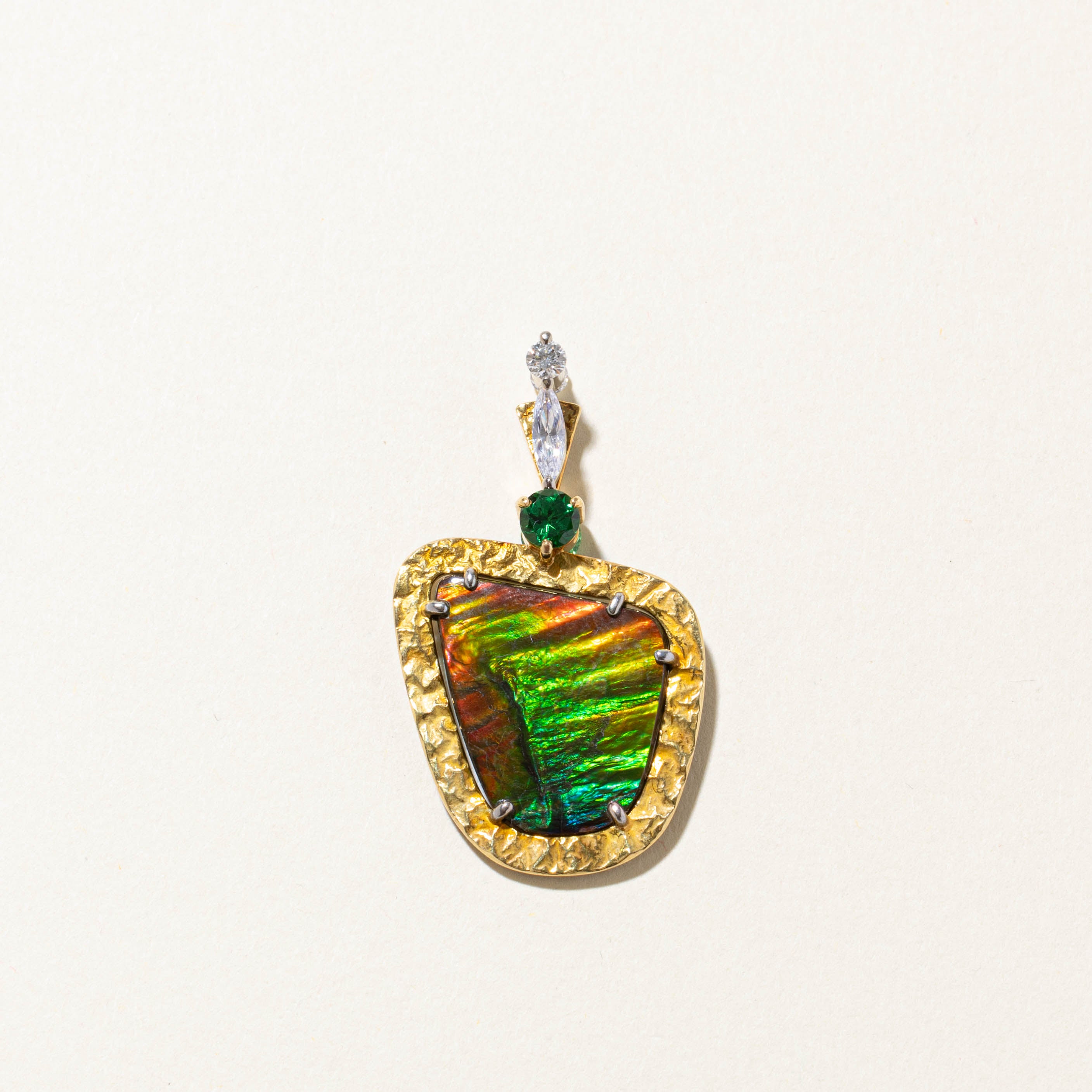 18k Ammolite, Tsavorite Garnet & Diamond Hammered Abstract Pendant | 12.80ctw, 0.40ctw
