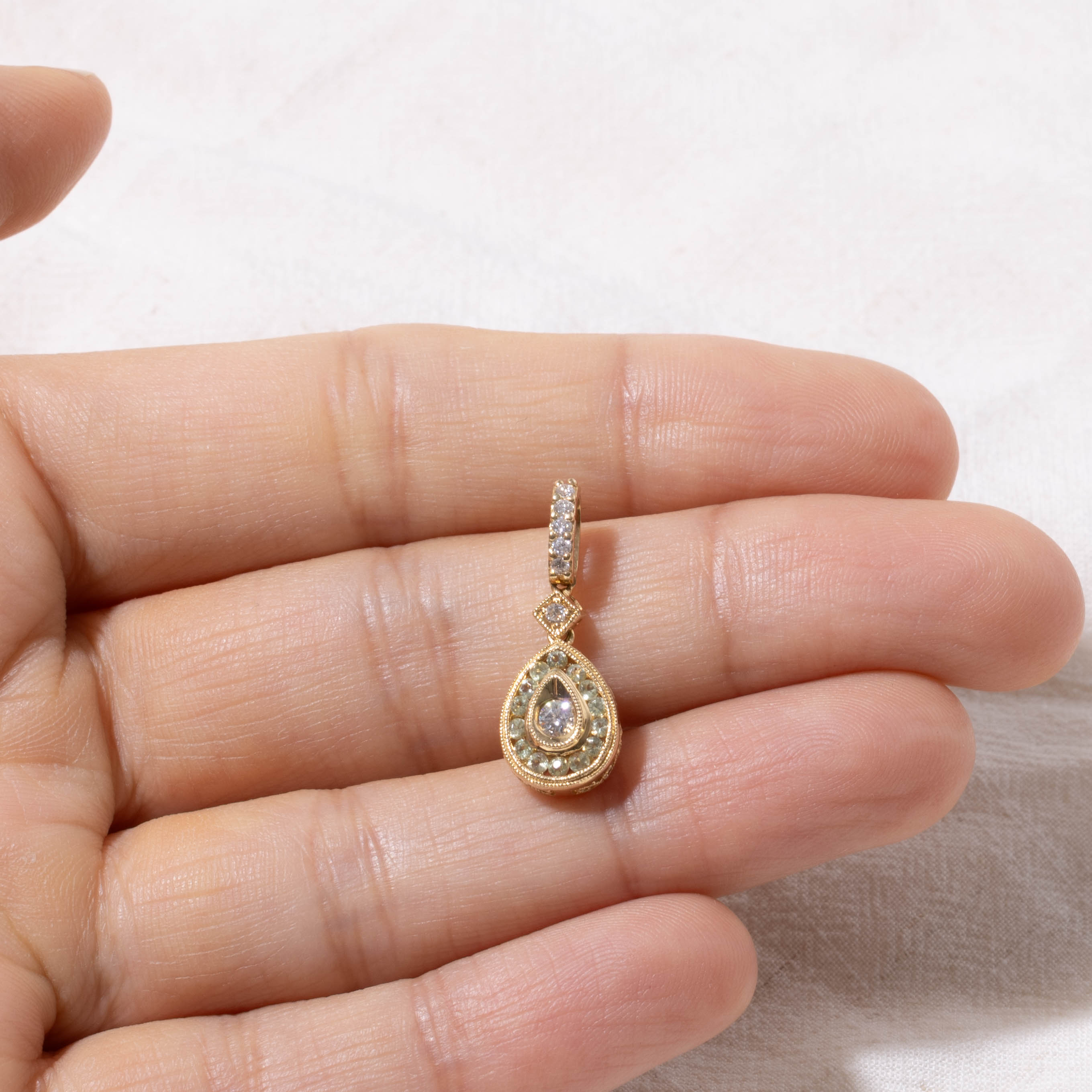 18k Peridot & Diamond Milgrained Teardrop Pendant | 0.20ct, 0.15ctw
