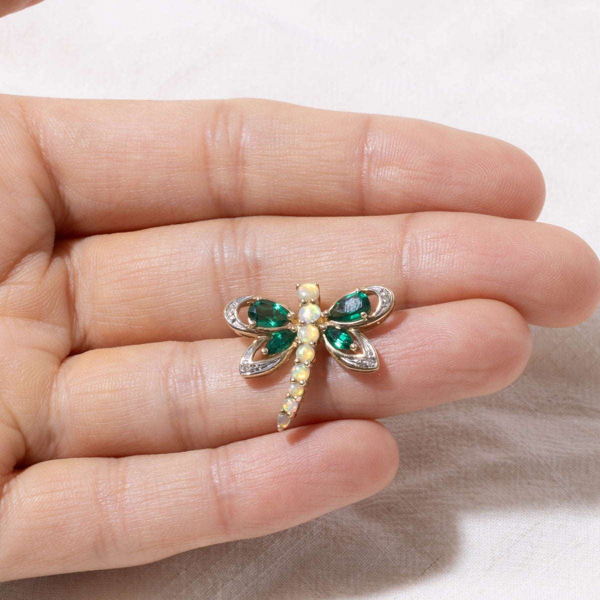 10k Synthetic Emerald, Opal & Diamond Dragonfly Pendant | 0.82ctw, 0.02ctw