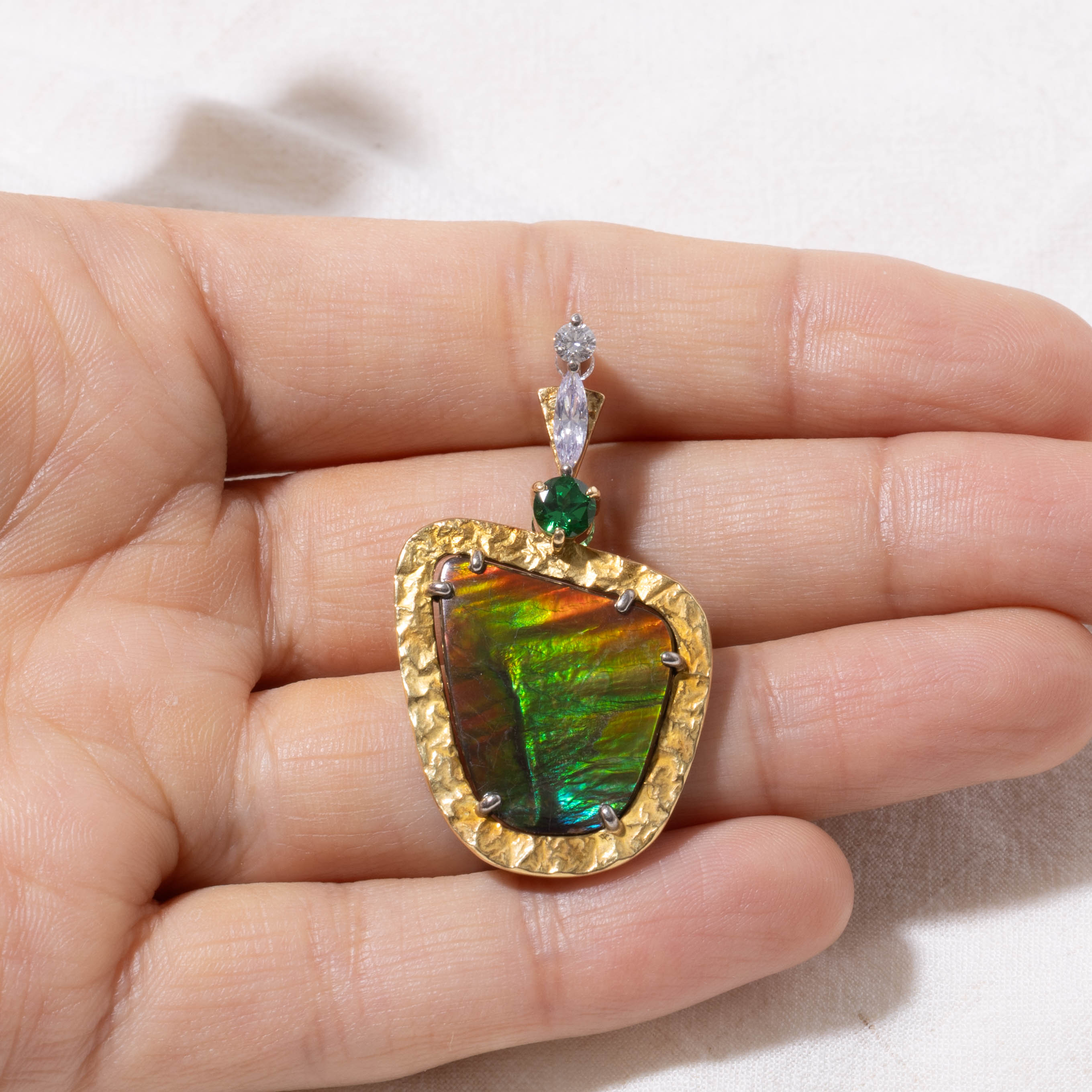 18k Ammolite, Tsavorite Garnet & Diamond Hammered Abstract Pendant | 12.80ctw, 0.40ctw