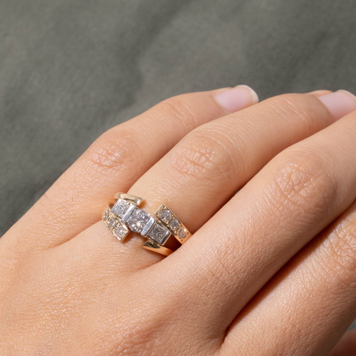 12k Three Stone Diamond Geometric Bypass Ring | 1.27ctw | SZ 5.75