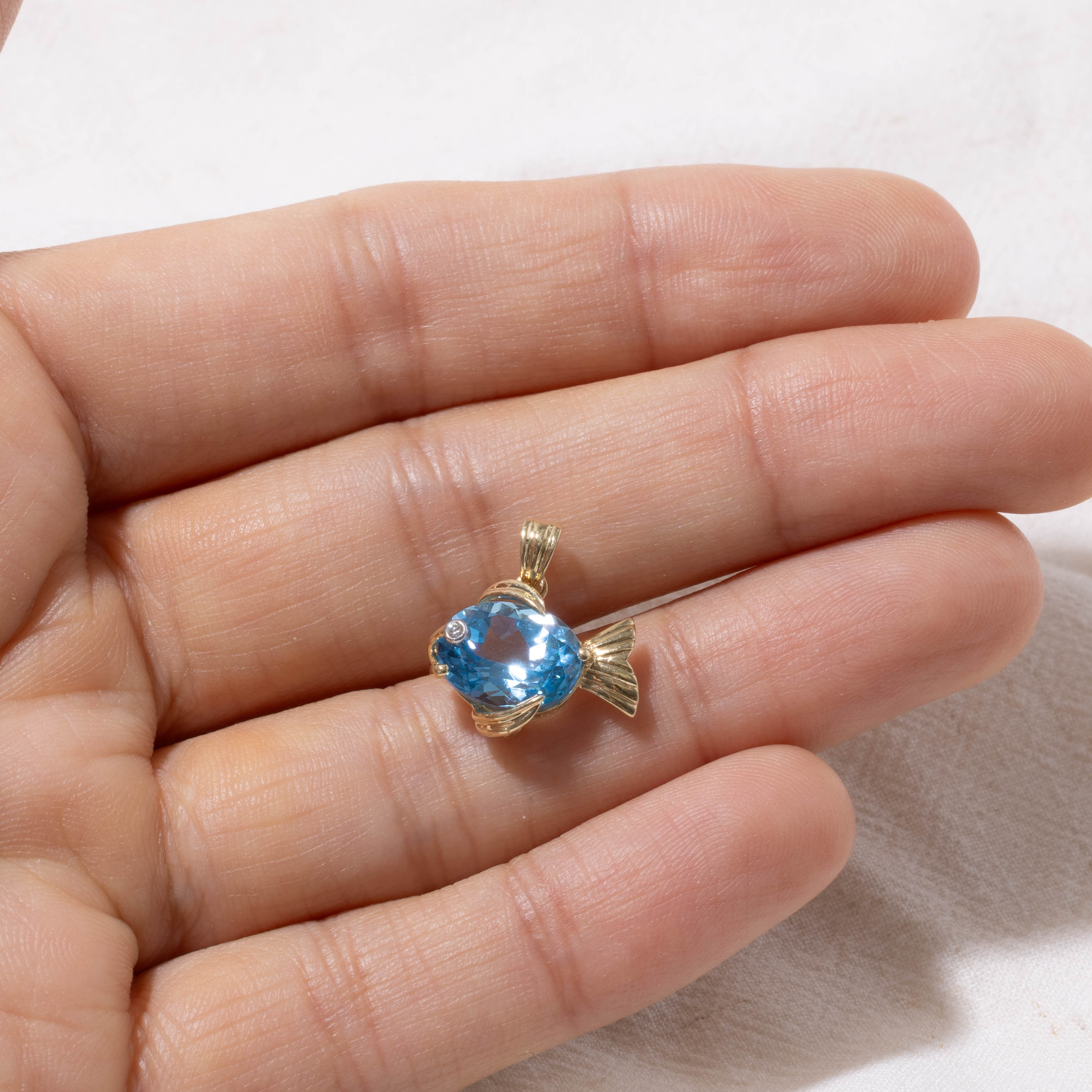 14k Blue Topaz & Diamond Fish Pendant | 3.70ct, 0.01ct