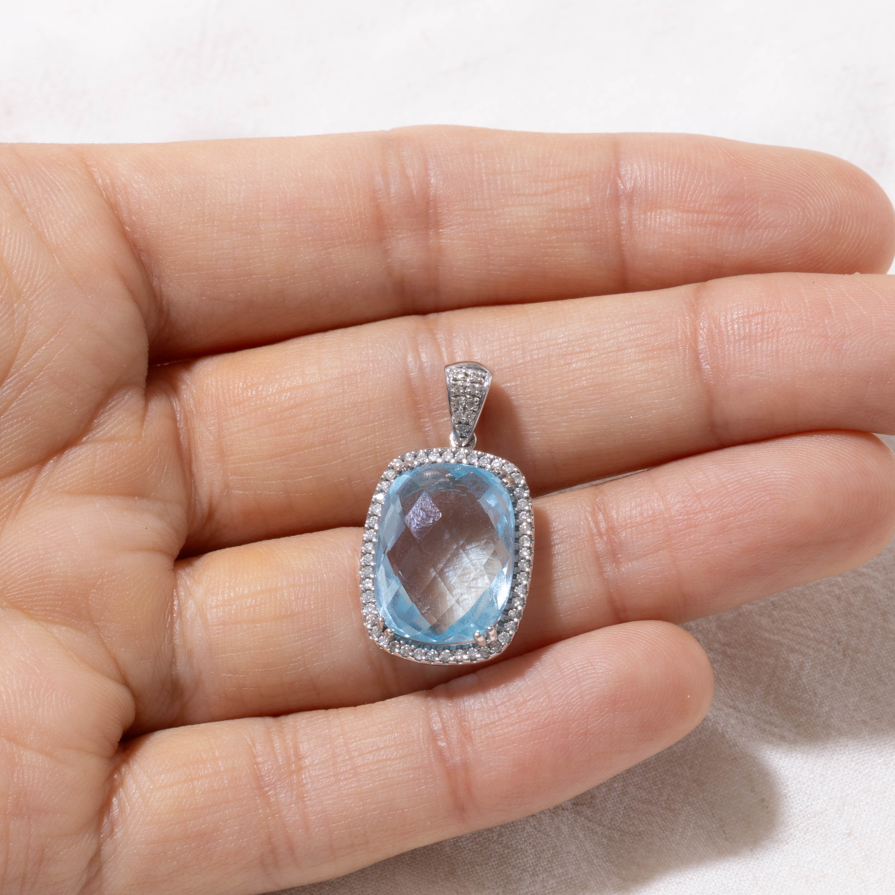 14k Cushion Cut Blue Topaz & Diamond Halo Pendant | 14.00ct, 0.28ctw