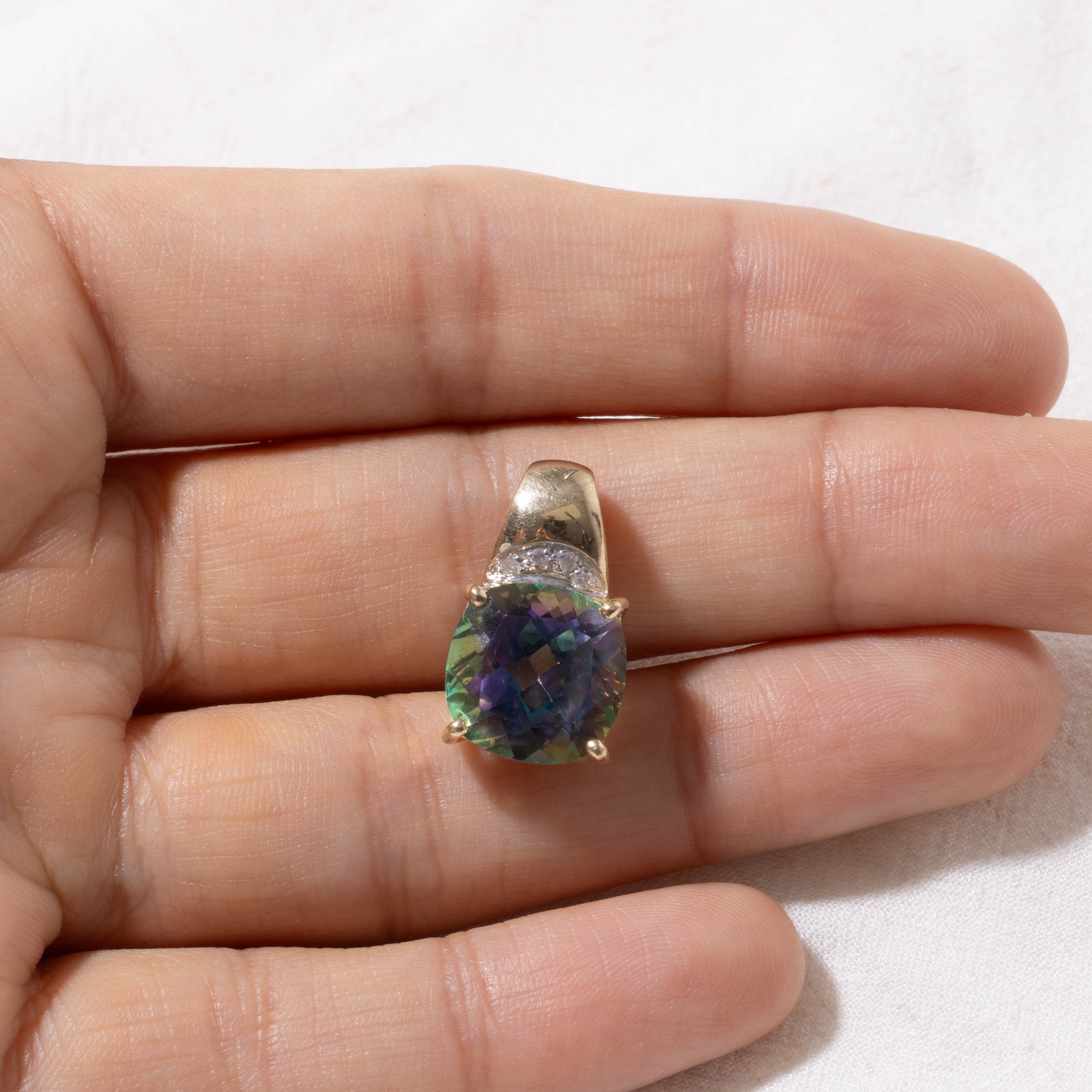 14k Step Cut Mystic Topaz & Diamond Accented Pendant | 12.00ct, 0.04ctw