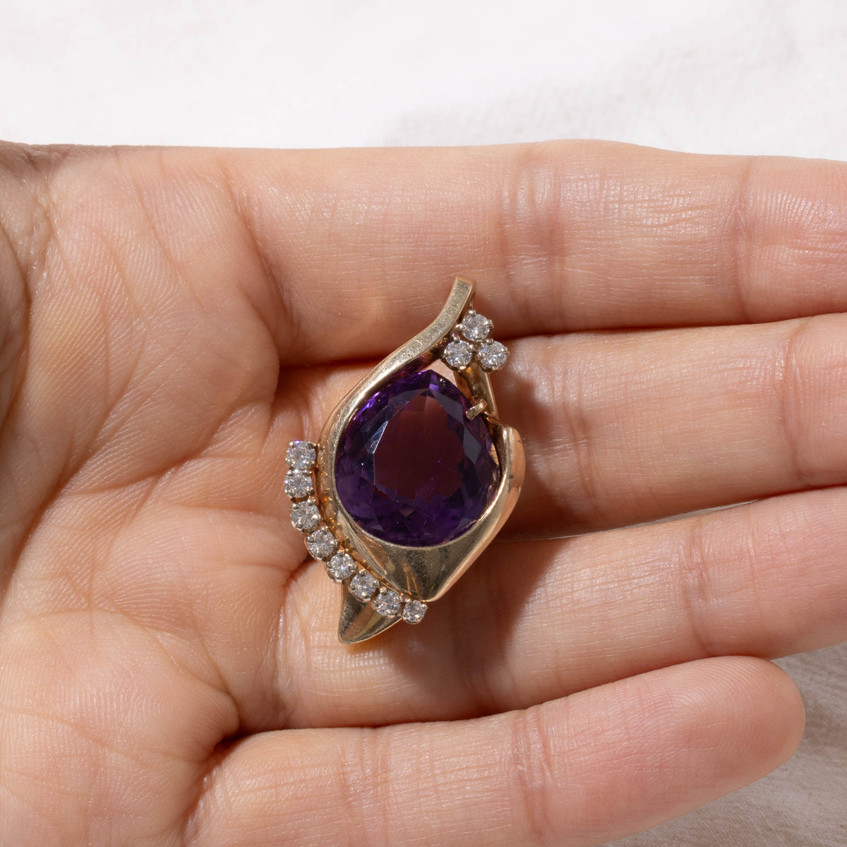 14k Bezel Set Pear Cut Amethyst & Diamond Abstract Pendant | 11.00ct, 0.50ctw