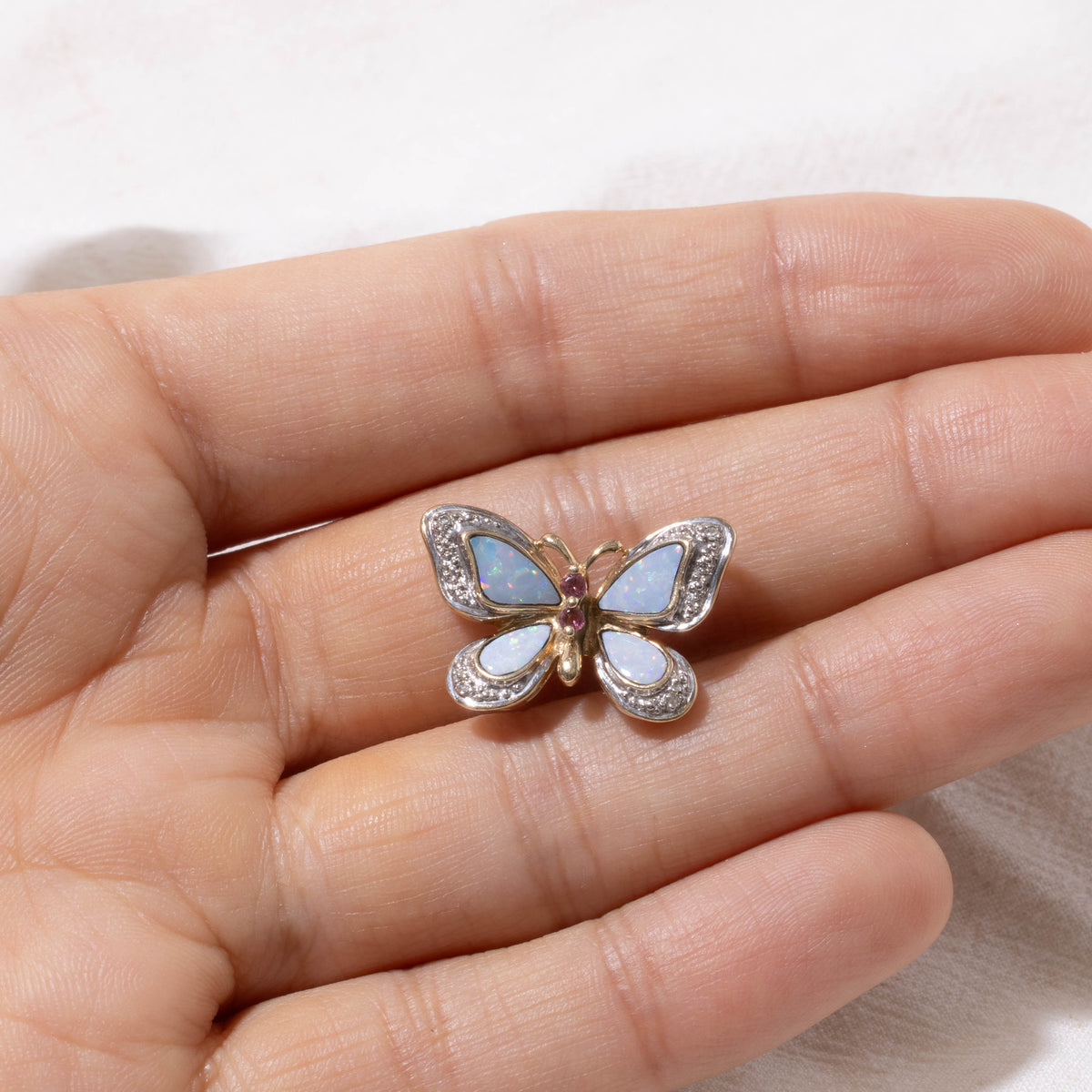 10k Opal, Pink Tourmaline & Diamond Butterfly Pendant | 1.00ctw, 0.02ctw