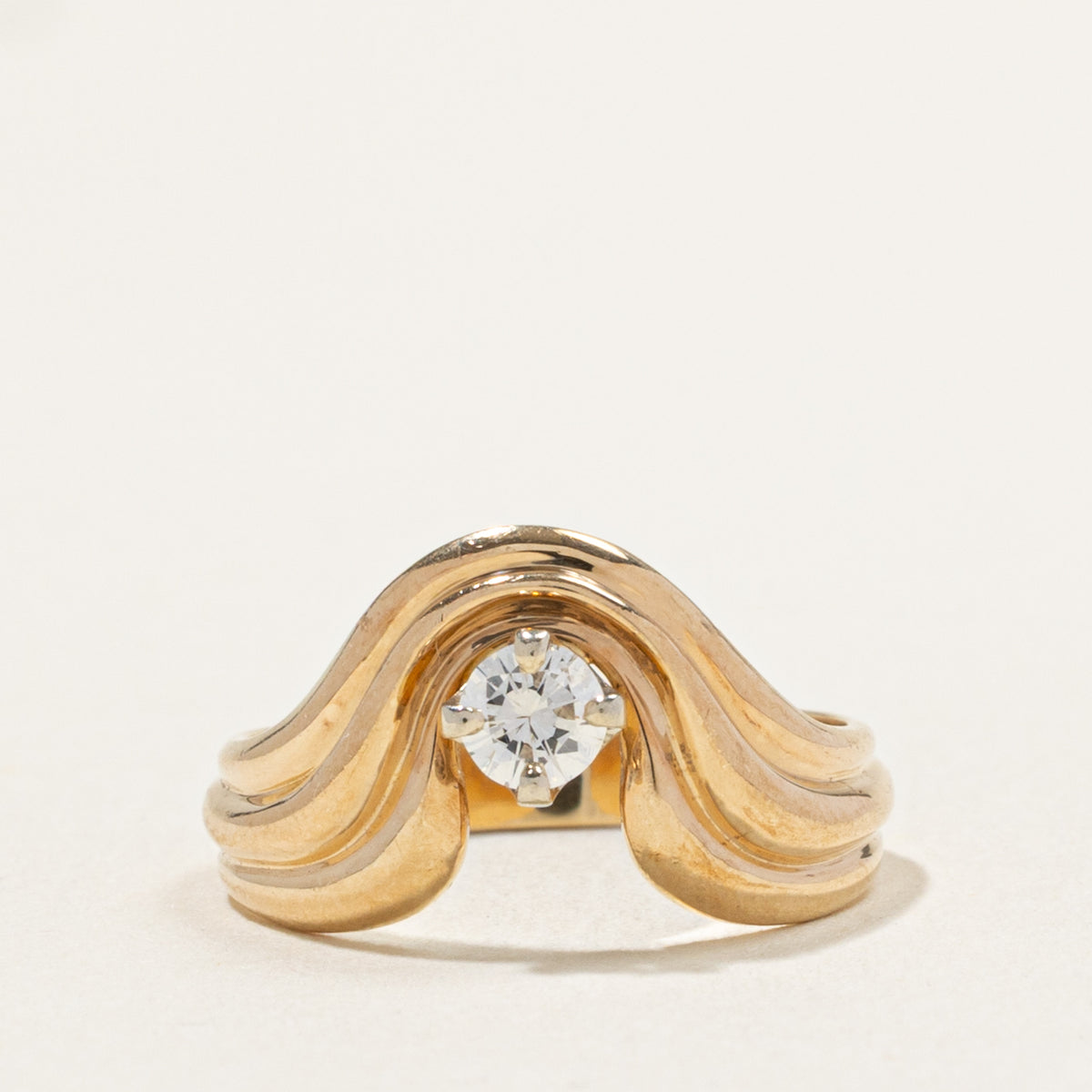 14k Solitaire Diamond Grooved Wave Ring | 0.16ct | SZ 3.75
