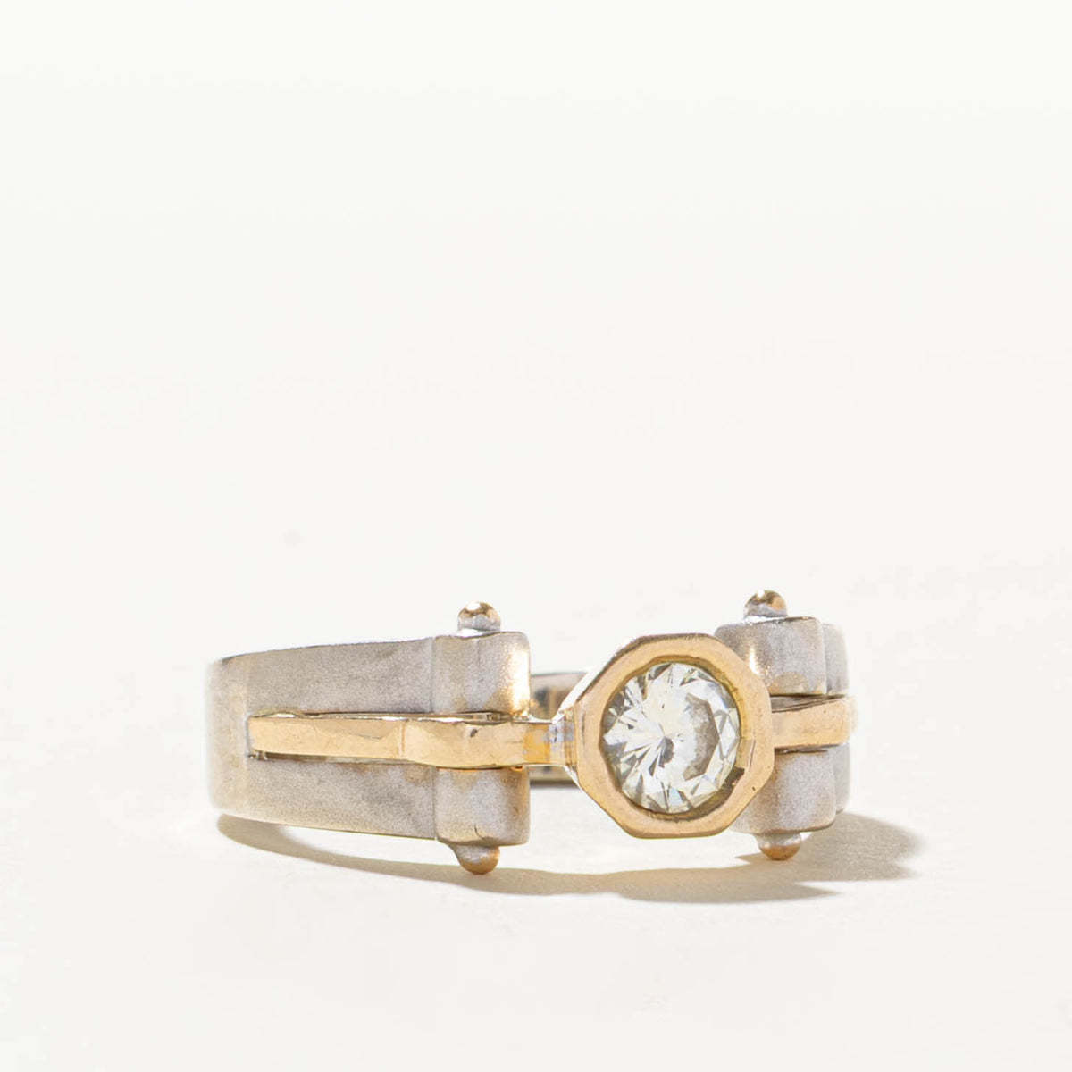 14k Two Tone Bezel Set Solitaire Diamond Geometric Ring | 0.40ct SI1/SI2 J | SZ 7.25