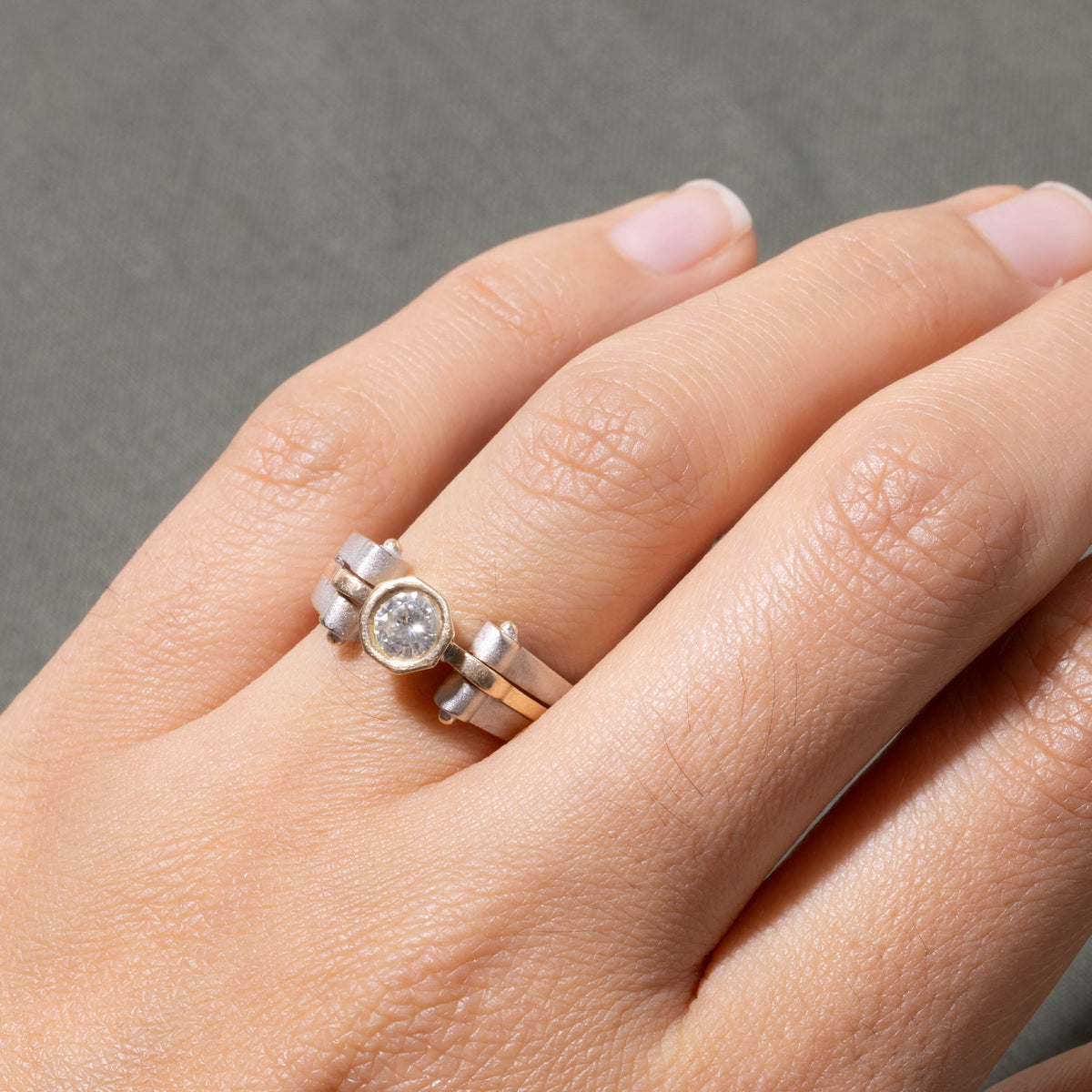 14k Two Tone Bezel Set Solitaire Diamond Geometric Ring | 0.40ct SI1/SI2 J | SZ 7.25