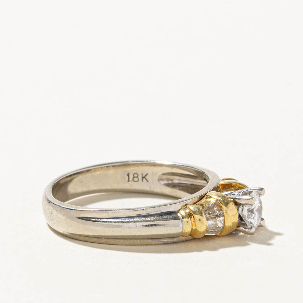 14k Two Tone Diamond Channel Set Accented Grooved Ring | 0.32 SI2 G, 0.12ctw | SZ 7