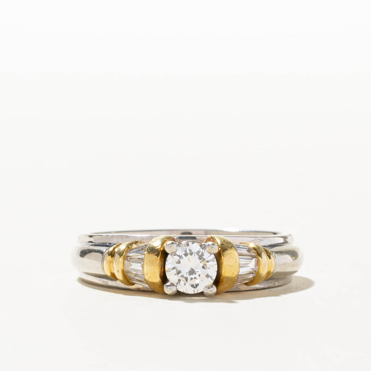 14k Two Tone Diamond Channel Set Accented Grooved Ring | 0.32 SI2 G, 0.12ctw | SZ 7