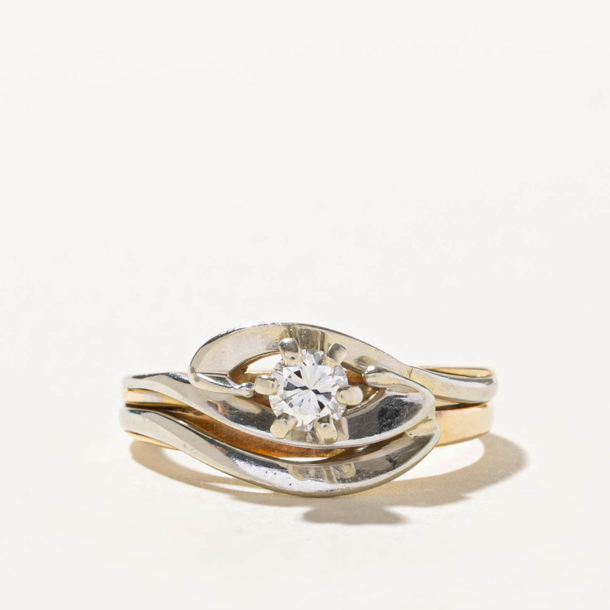 14k Two Tone Solitaire Diamond Bypass Soldered Wedding Ring Set | 0.23ct | SZ 5.25