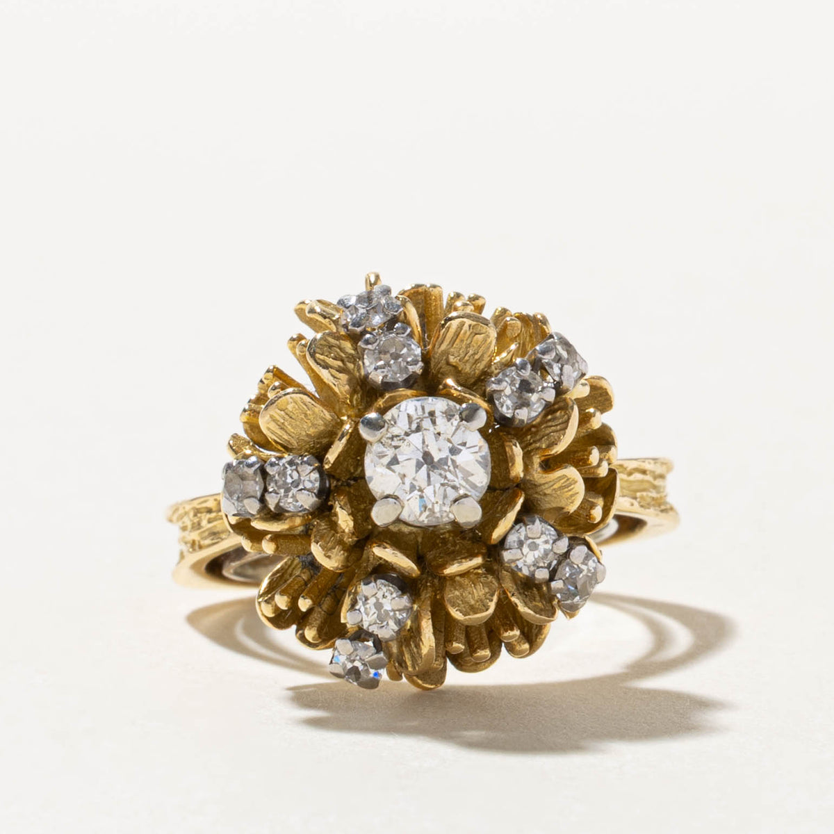 18k Old European Cut Diamond Textured Floral Cocktail Ring | 0.62ct I2 I/J, 0.40ctw | SZ 7.5