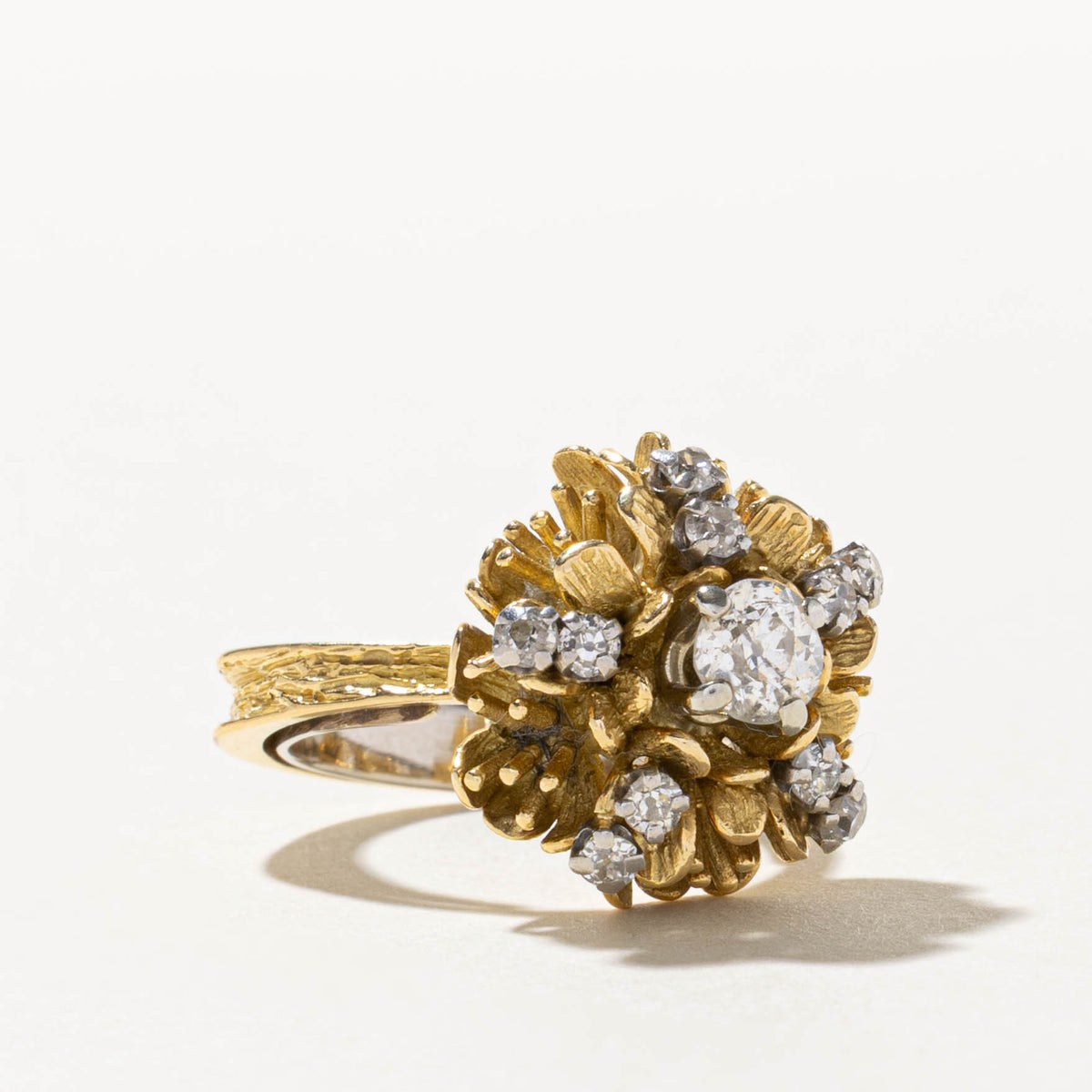18k Old European Cut Diamond Textured Floral Cocktail Ring | 0.62ct I2 I/J, 0.40ctw | SZ 7.5