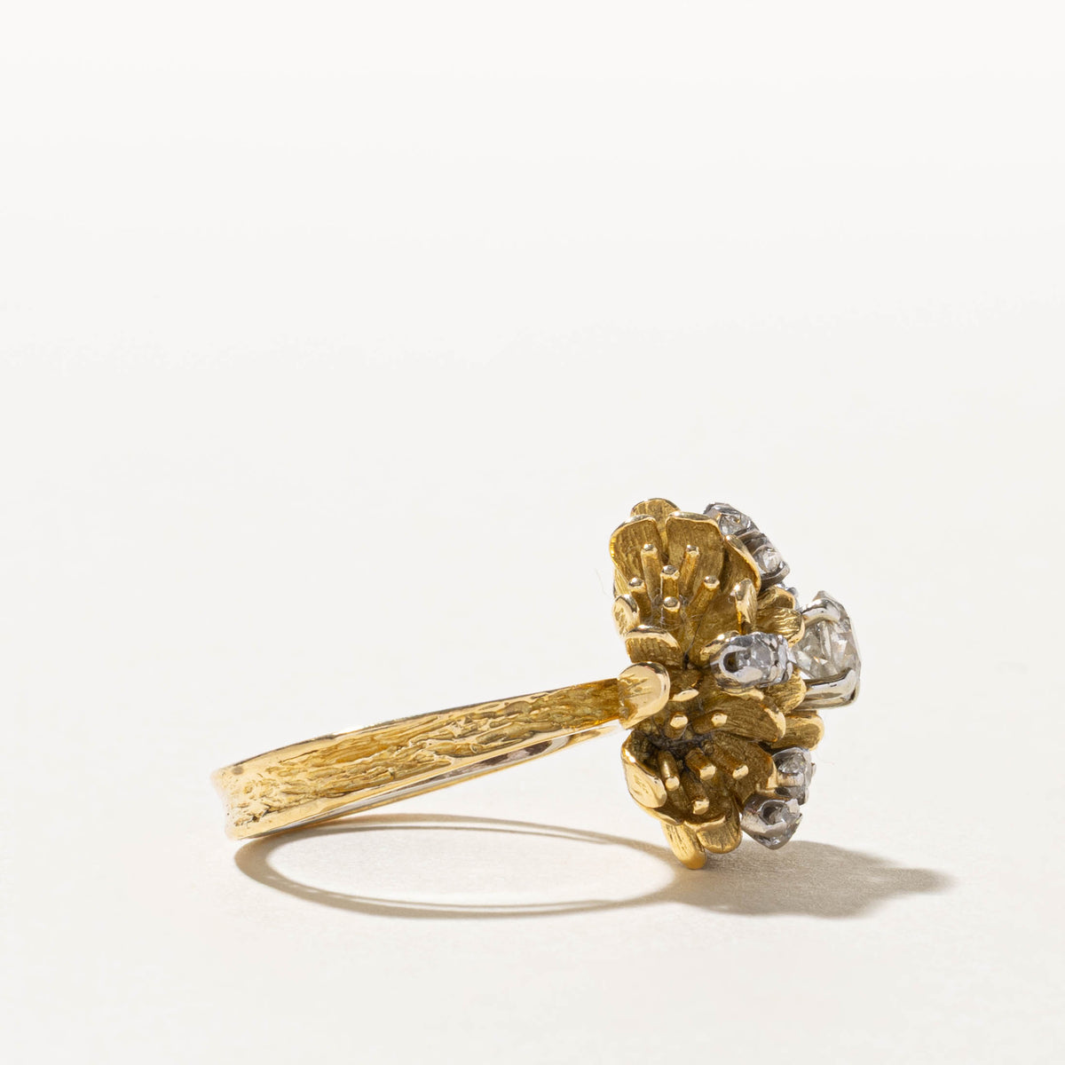 18k Old European Cut Diamond Textured Floral Cocktail Ring | 0.62ct I2 I/J, 0.40ctw | SZ 7.5