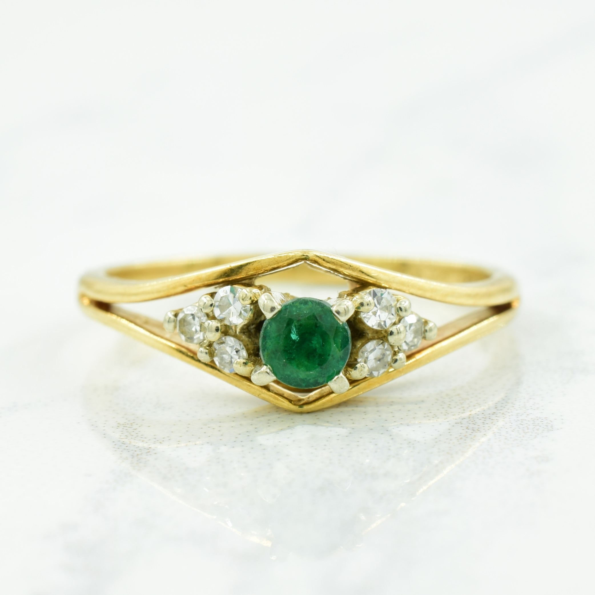 'Birks' Synthetic Emerald & Diamond 14k Ring | 0.20ct, 0.12ctw | SZ 8.25 |