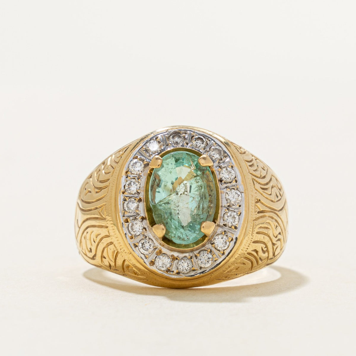 18k Emerald & Diamond Halo Engraved Signet Ring | 2.22ct, 0.32ctw | SZ 11.25