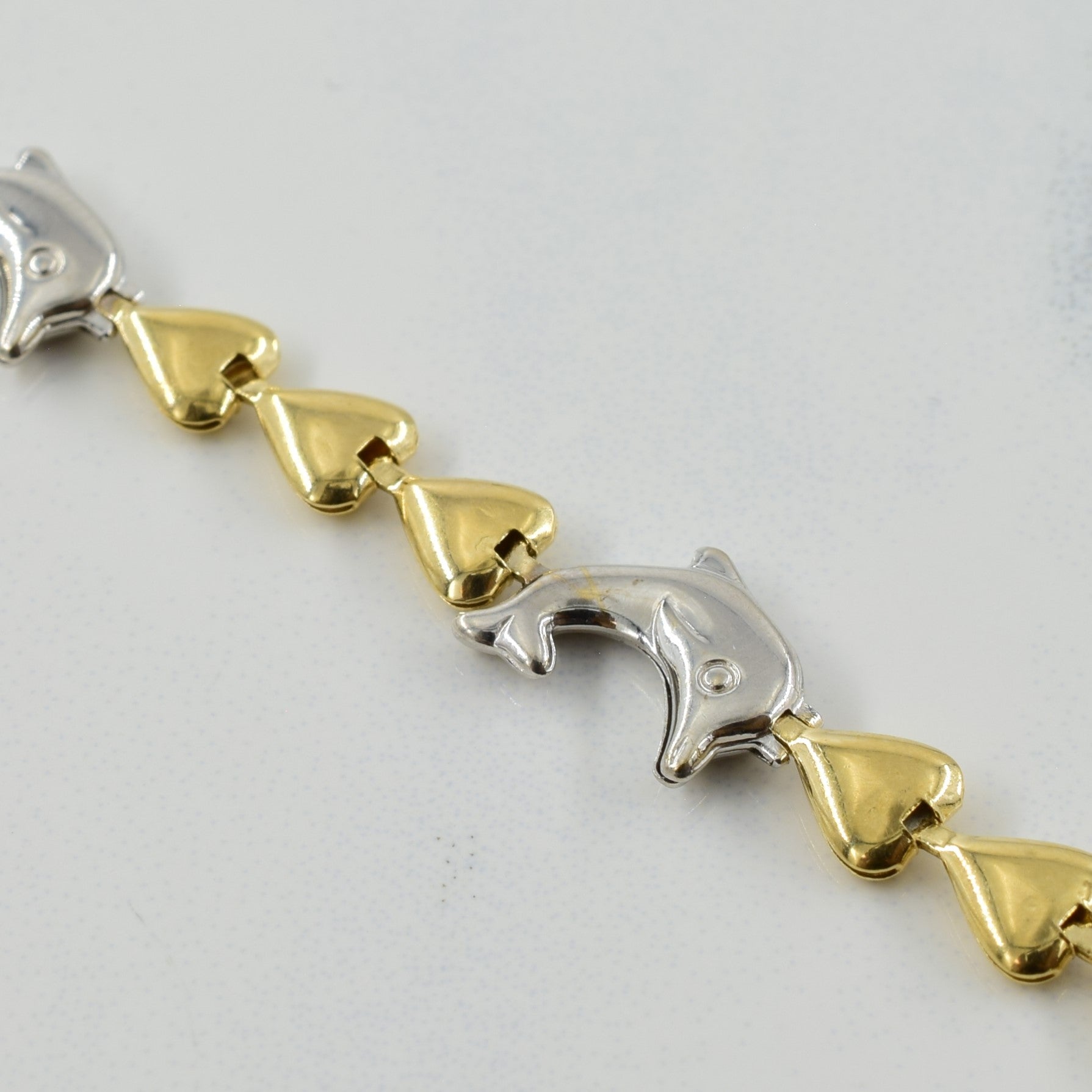 14k Two Tone Gold Dolphin & Heart Bracelet | 10" |