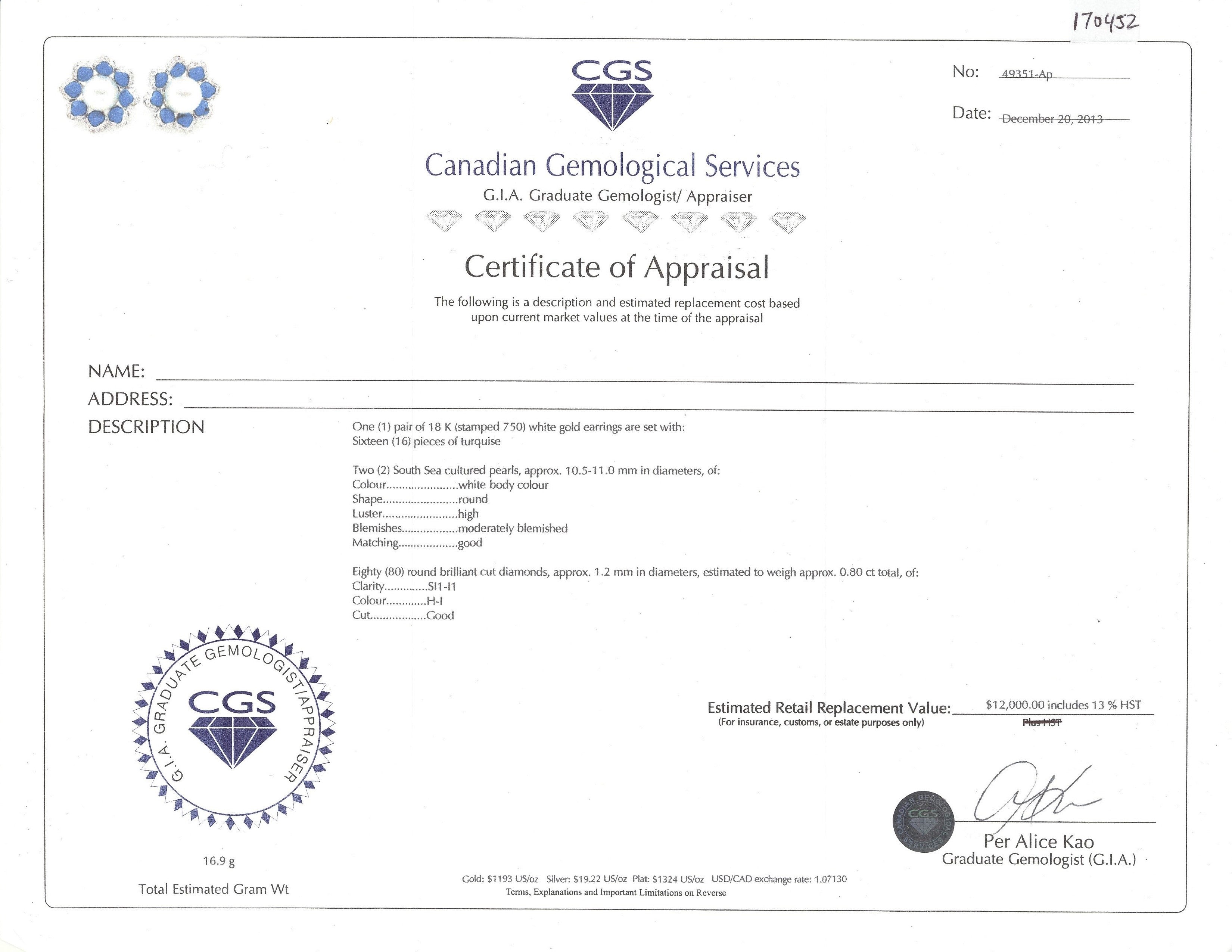 18K White Gold South Sea Pearls, Turquoise, and Diamond Earrings | 10.5-11.0mm, 0.80ctw