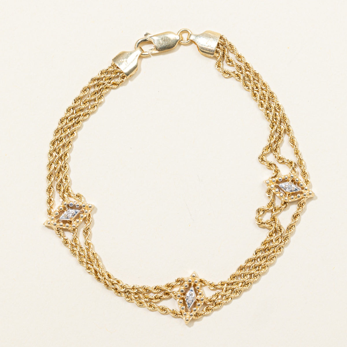 14k Yellow Gold Diamond Layered Rope Chain Bracelet | 7.5"
