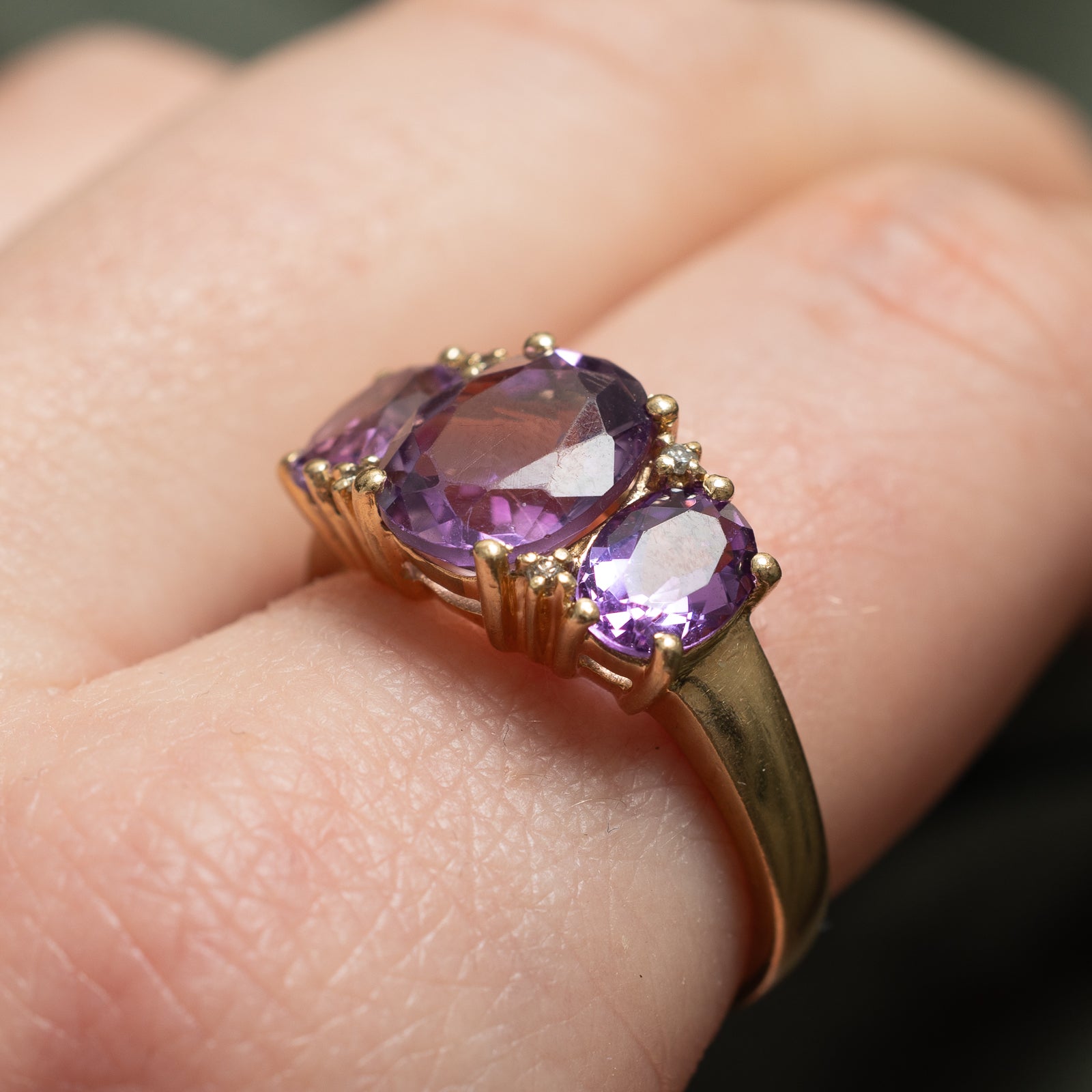 Three Stone Amethyst & Diamond Cocktail Ring | 3.50ctw, 0.02ctw | SZ 9 |
