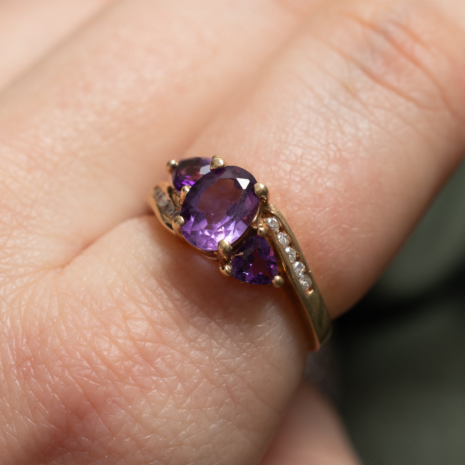 Three Stone Amethyst & Diamond Bypass Ring | 1.40ctw, 0.1ctw | SZ 6.25 |