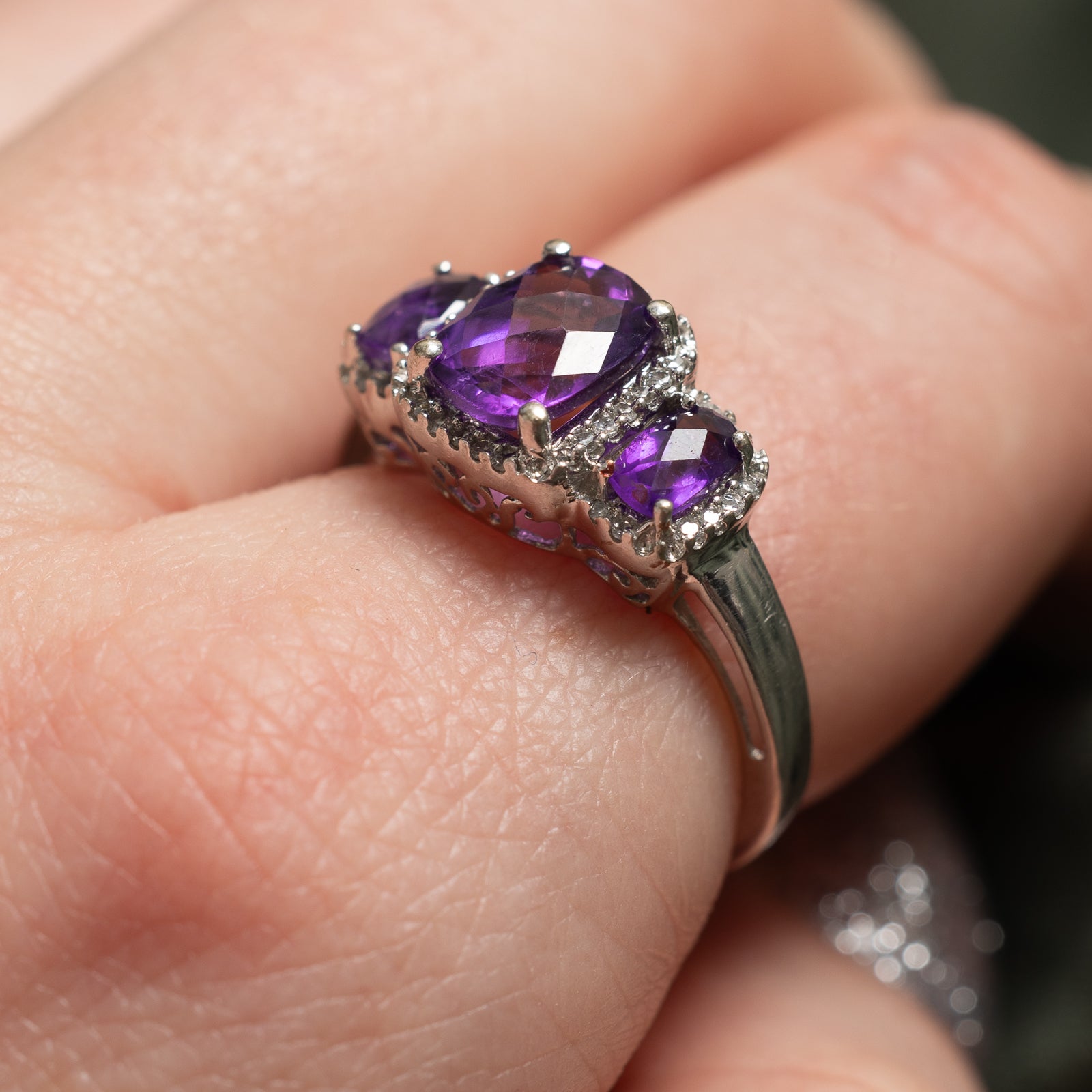 Three Stone Amethyst & Diamond Halo Ring | 1.70ctw, 0.08ctw | SZ 7 |