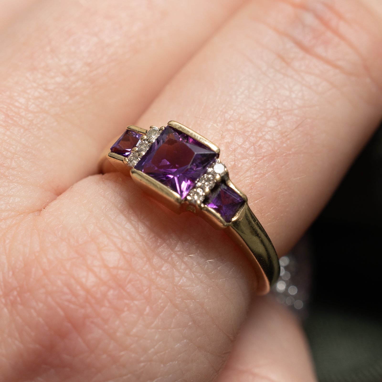 Three Stone Amethyst & Diamond Ring | 1.12ctw, 0.09ctw | SZ 8.75 |