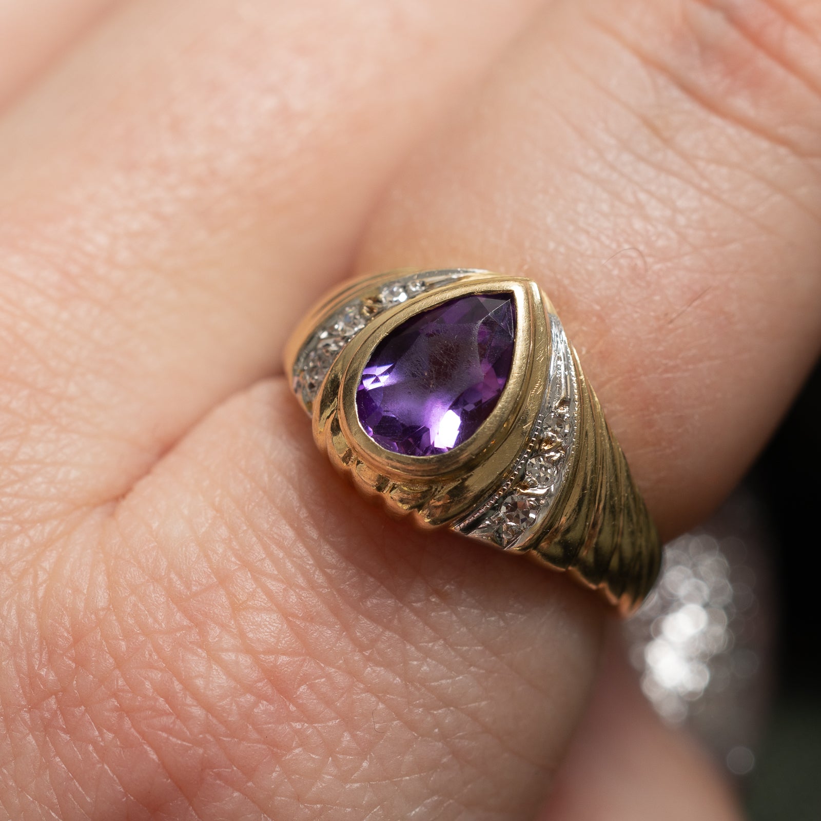 Bezel Set Pear Shaped Amethyst & Diamond Ring | 1.20ct, 0.05ctw | SZ 6.5 |