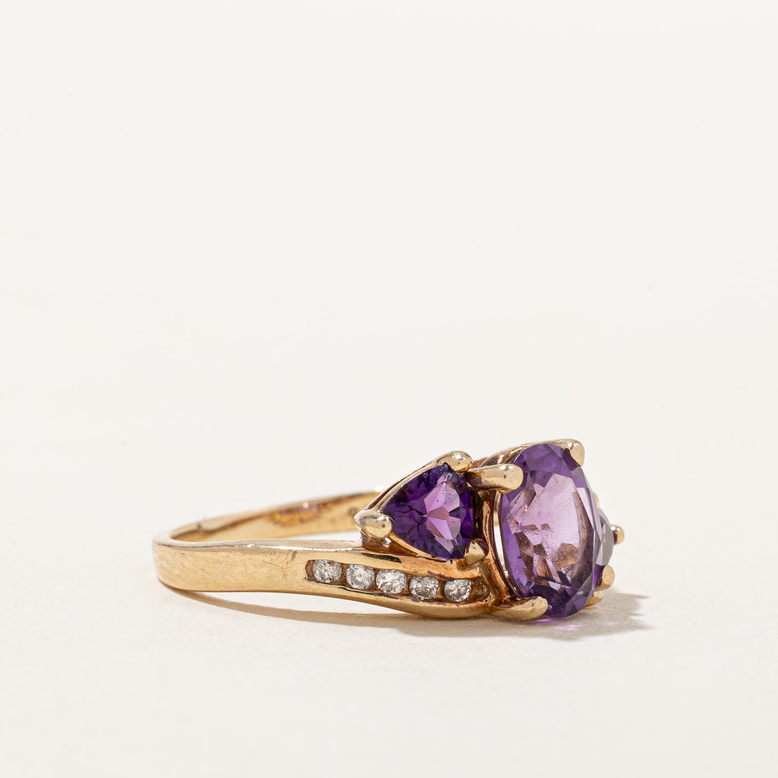 Three Stone Amethyst & Diamond Bypass Ring | 1.40ctw, 0.1ctw | SZ 6.25 |