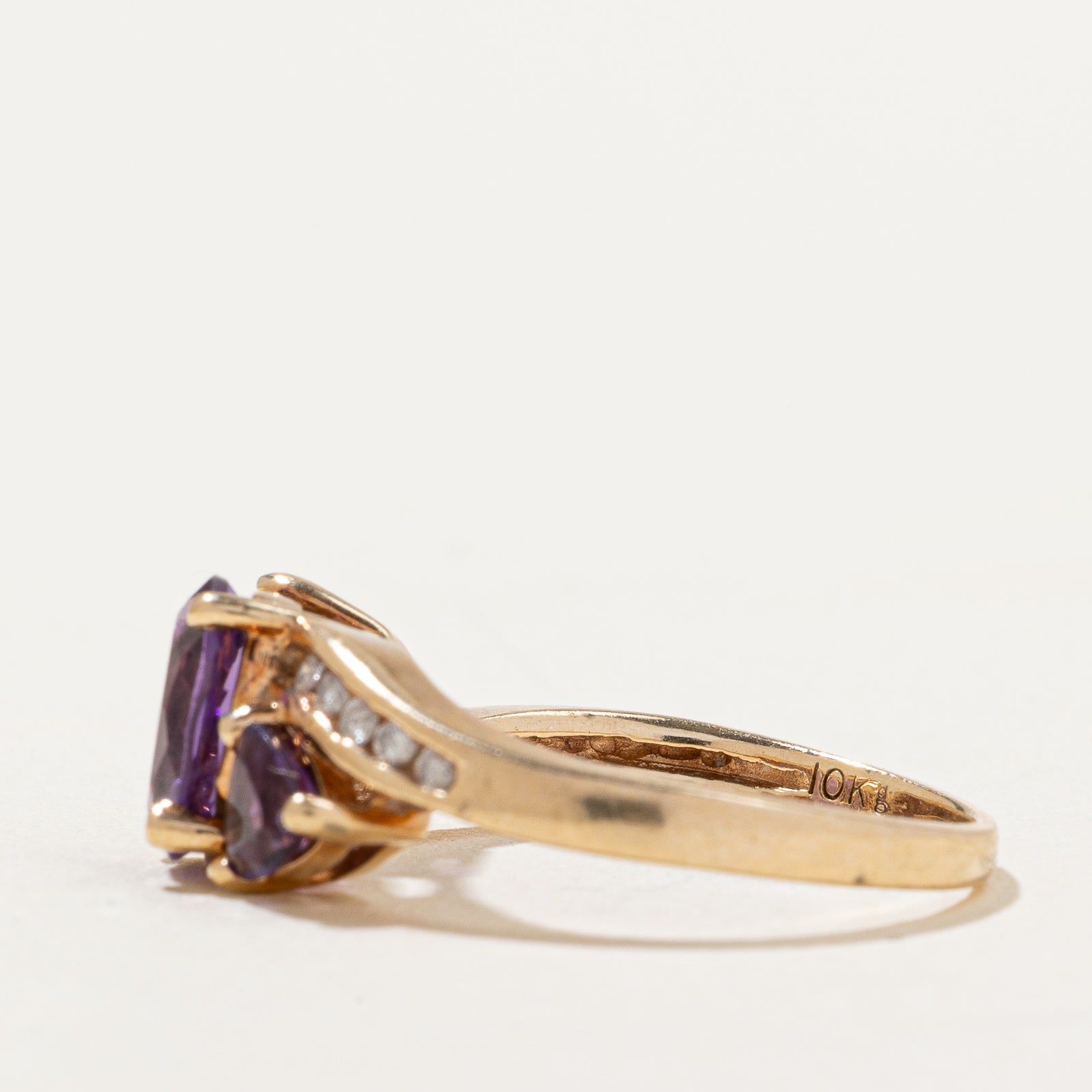 Three Stone Amethyst & Diamond Bypass Ring | 1.40ctw, 0.1ctw | SZ 6.25 |