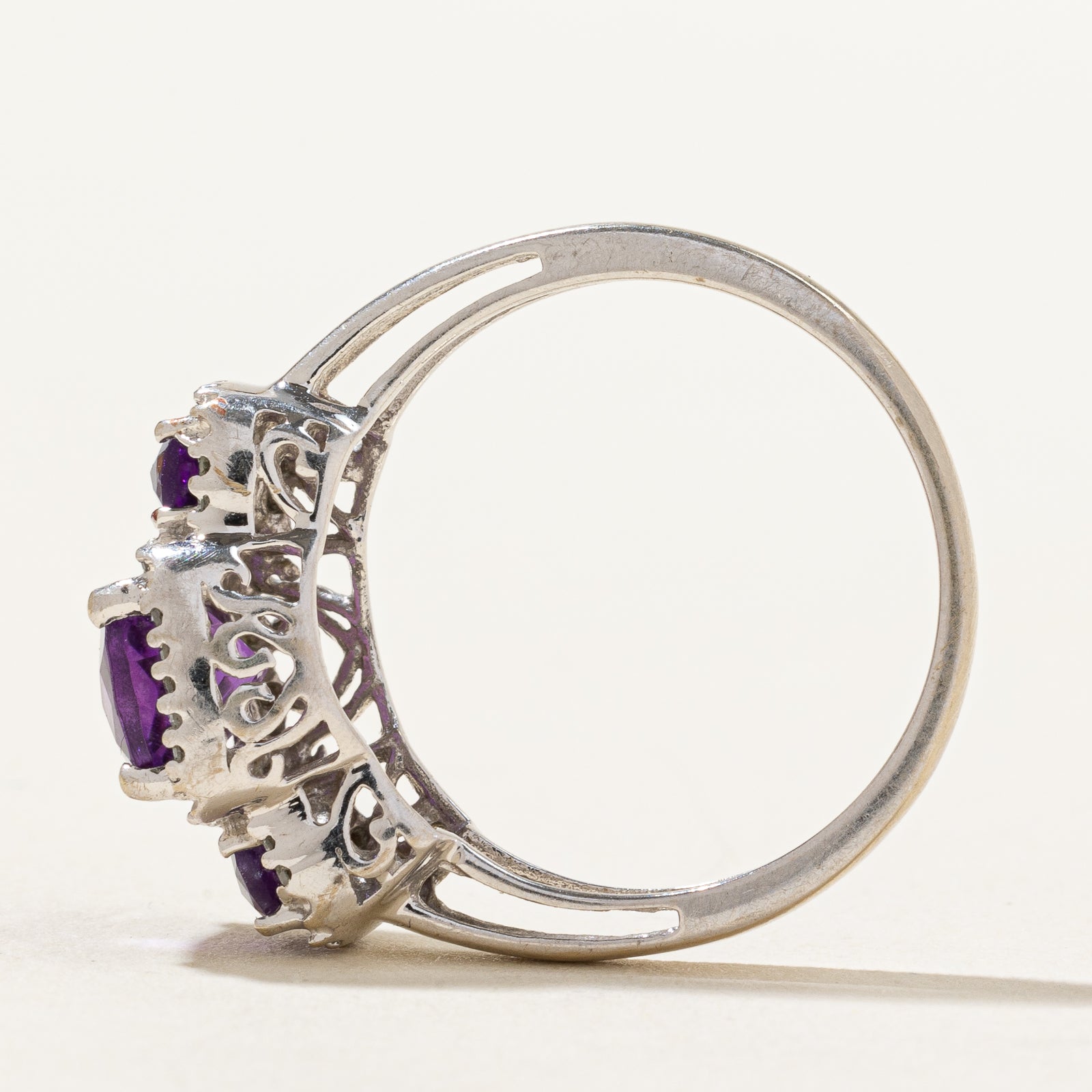 Three Stone Amethyst & Diamond Halo Ring | 1.70ctw, 0.08ctw | SZ 7 |