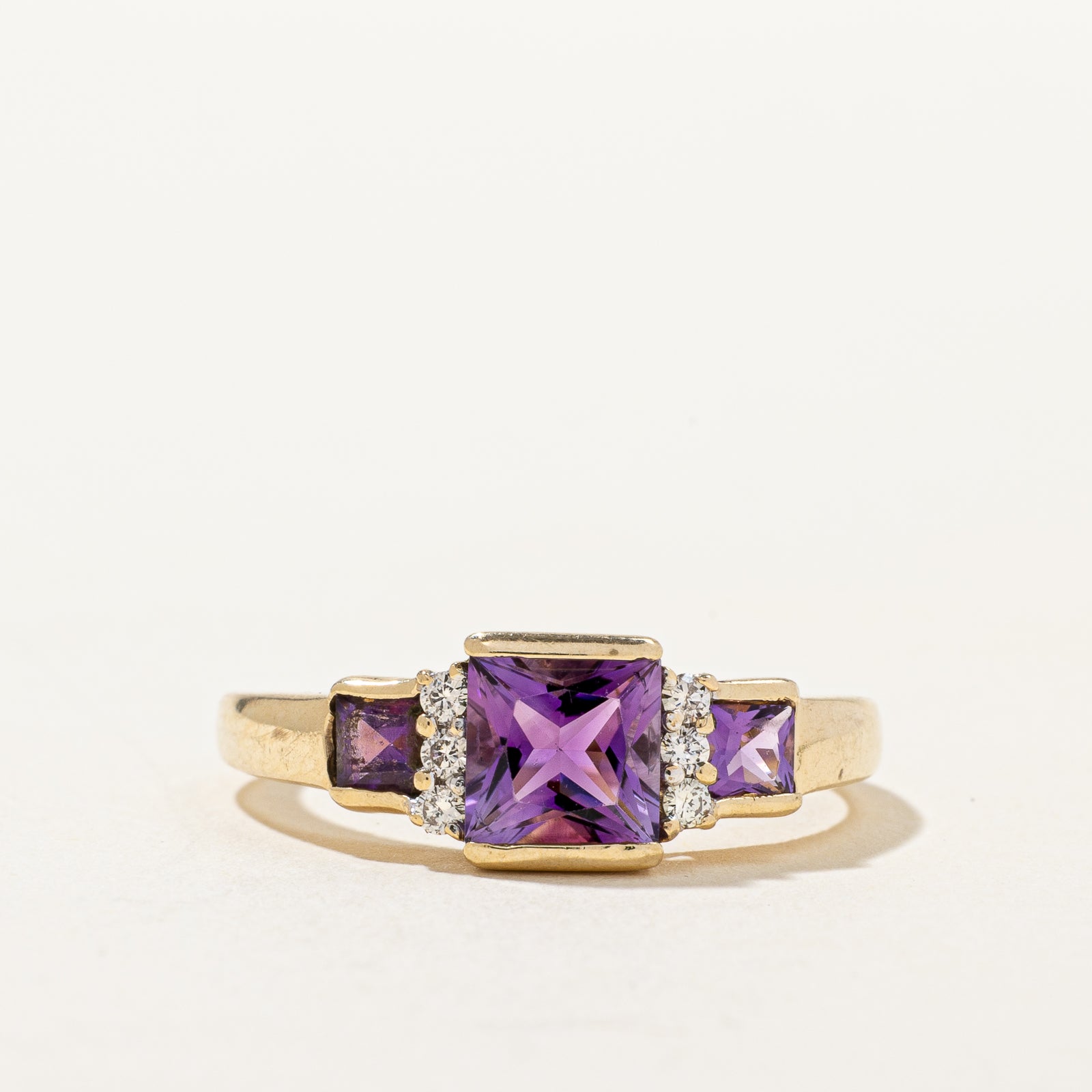 Three Stone Amethyst & Diamond Ring | 1.12ctw, 0.09ctw | SZ 8.75 |
