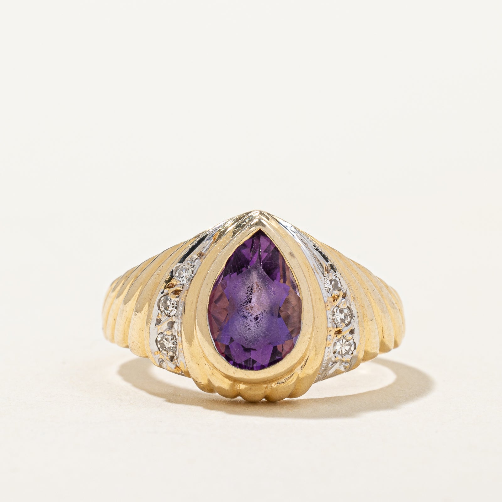 Bezel Set Pear Shaped Amethyst & Diamond Ring | 1.20ct, 0.05ctw | SZ 6.5 |