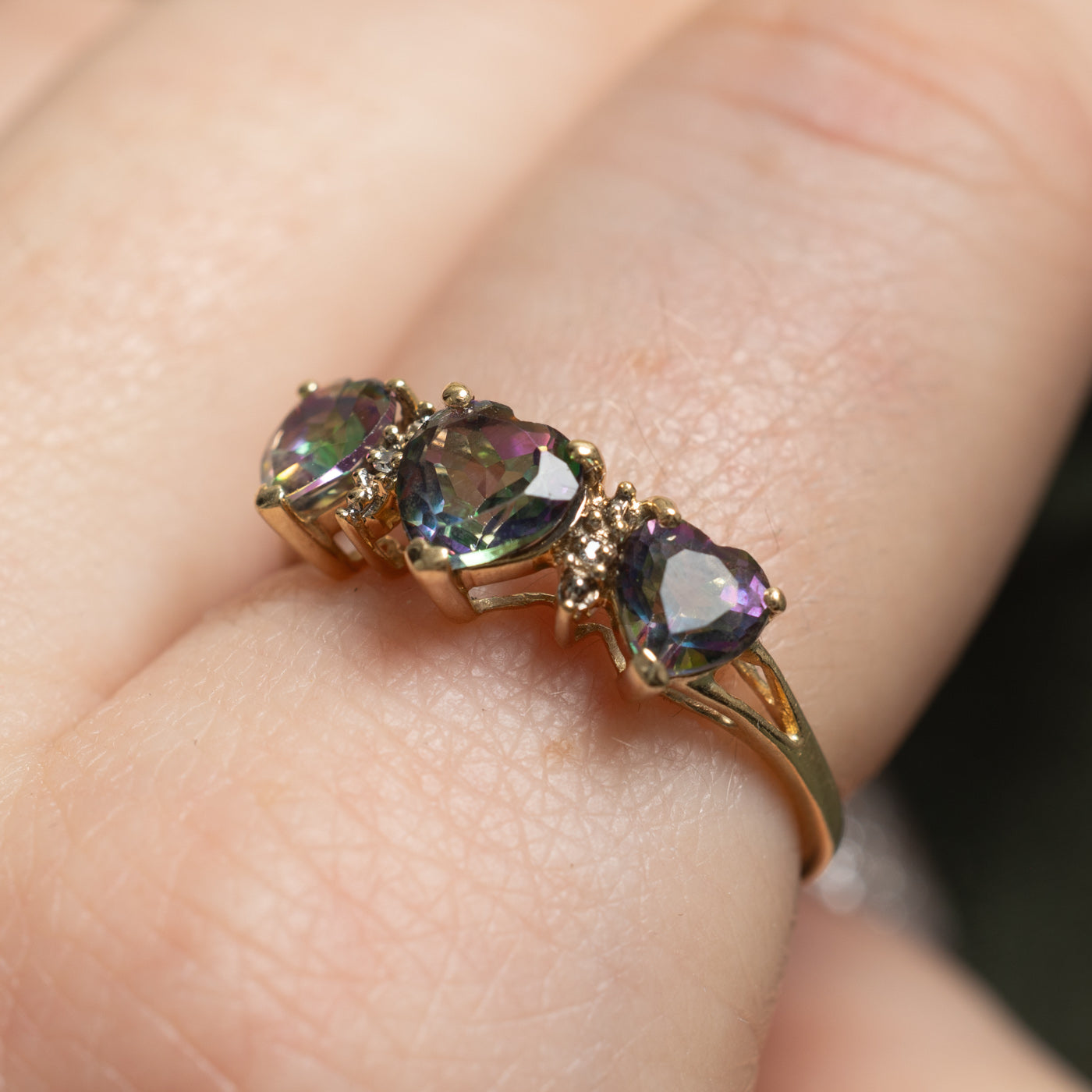 Three Stone Heart Cut Mystic Topaz & Diamond Ring | 1.50ctw, 0.005ctw | SZ 7 |