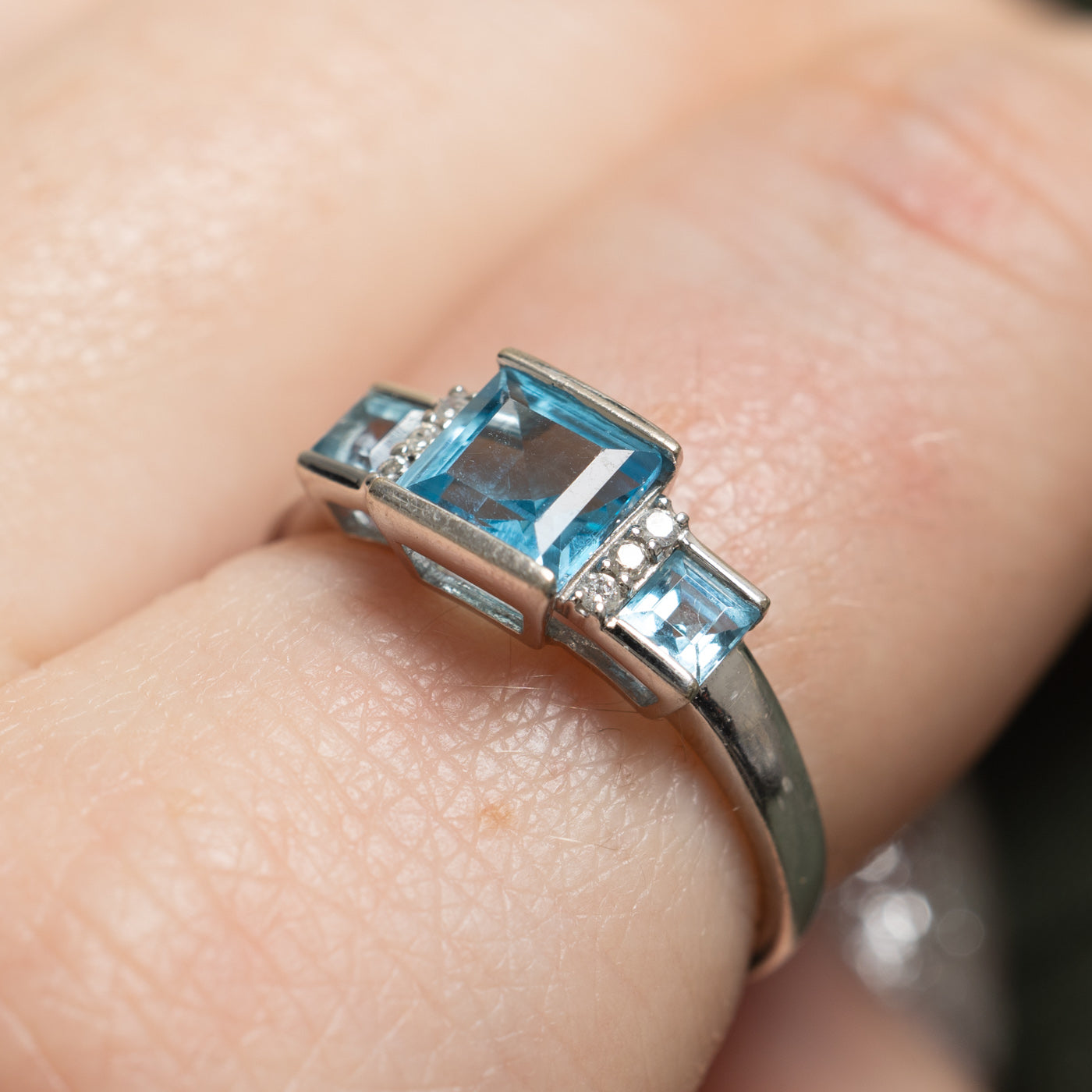 Three Stone Princess Cut Topaz & Diamond Ring | 1.50ctw, 0.05ctw | SZ 7.25 |