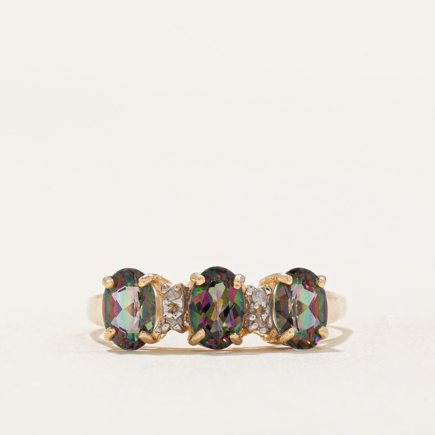 Three Stone Oval Cut Mystic Topaz & Diamond Ring | 1.40ctw, 0.02ctw | SZ 8.25 |