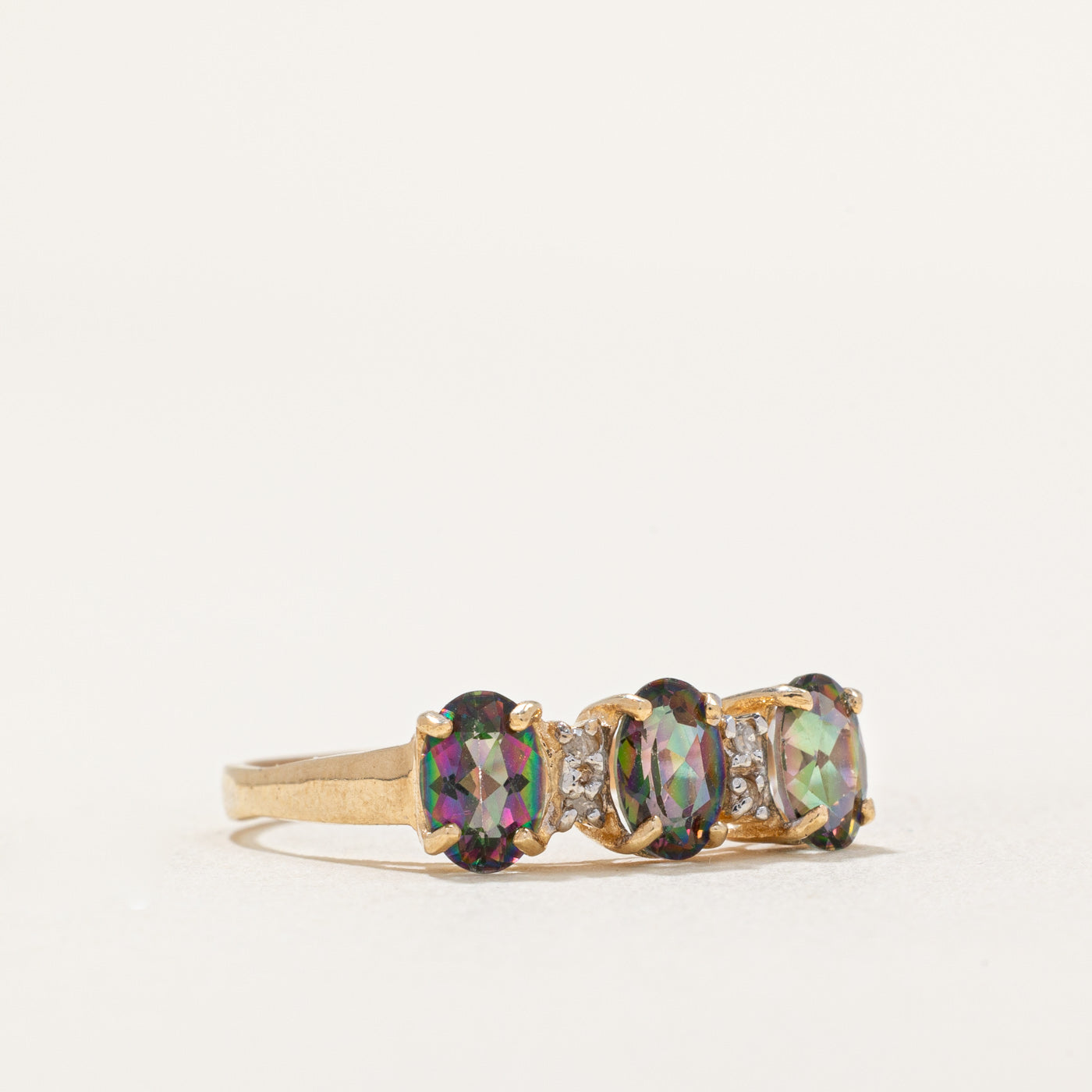 Three Stone Oval Cut Mystic Topaz & Diamond Ring | 1.40ctw, 0.02ctw | SZ 8.25 |