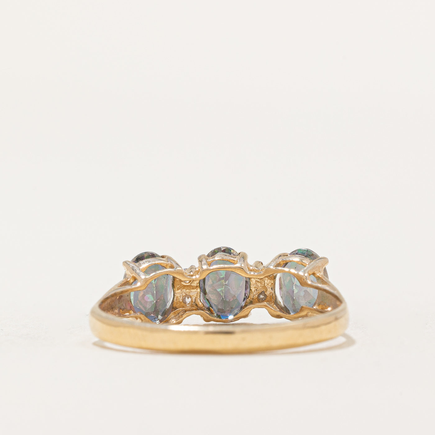 Three Stone Oval Cut Mystic Topaz & Diamond Ring | 1.40ctw, 0.02ctw | SZ 8.25 |
