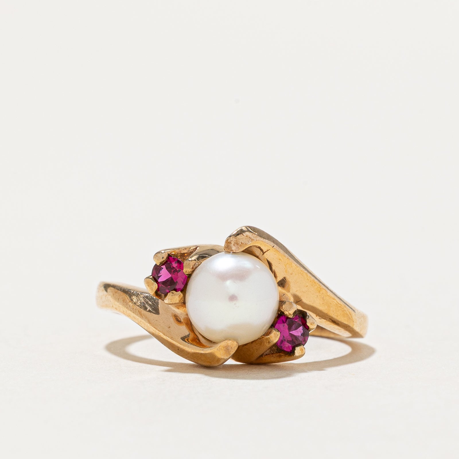 Pearl & Synthetic Ruby Bypass Ring | 0.14ctw | SZ 5.25