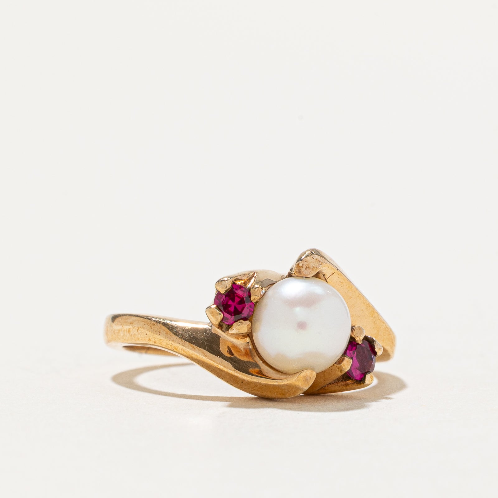 Pearl & Synthetic Ruby Bypass Ring | 0.14ctw | SZ 5.25