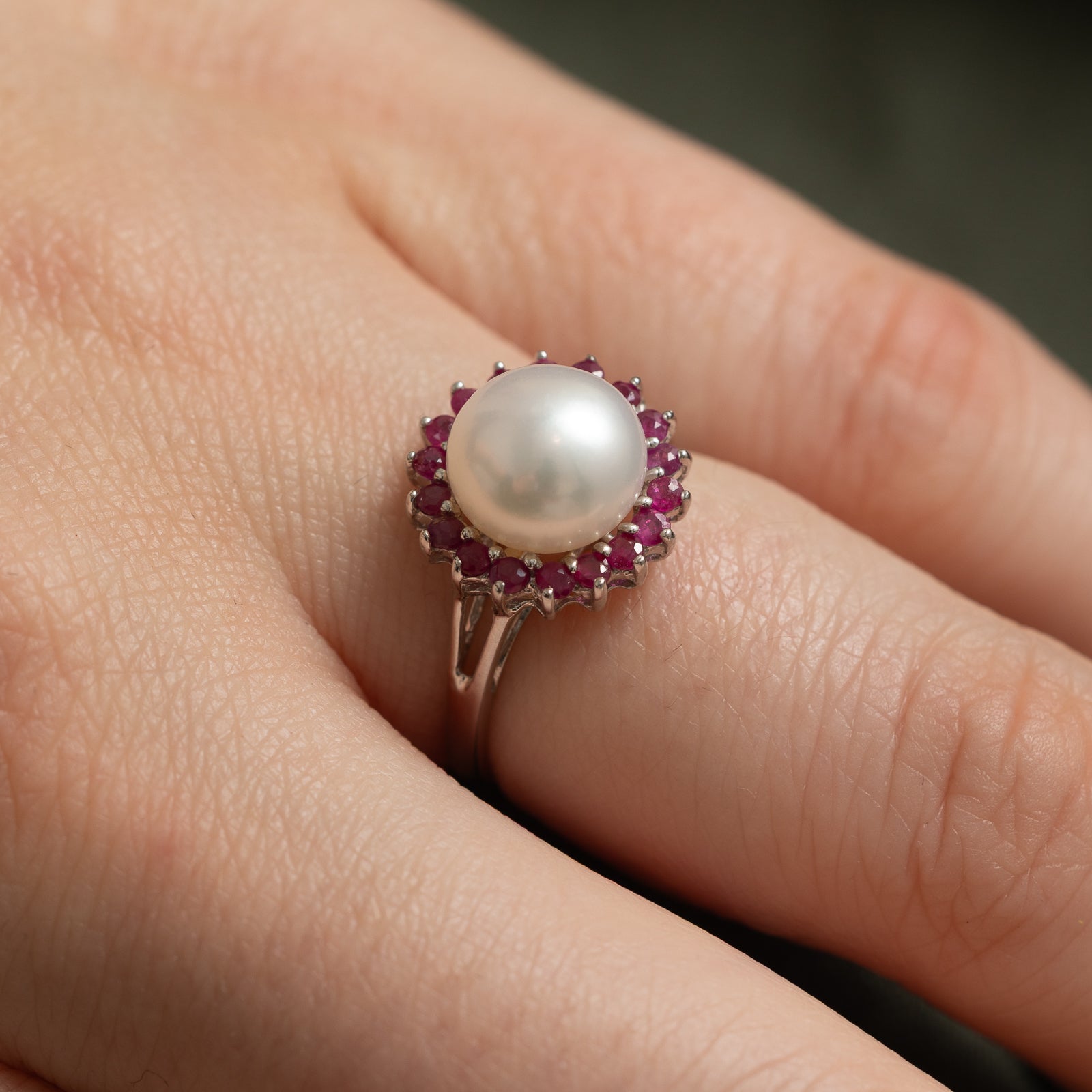 14k Ruby & Pearl Halo Ring | 0.27ctw | SZ 5