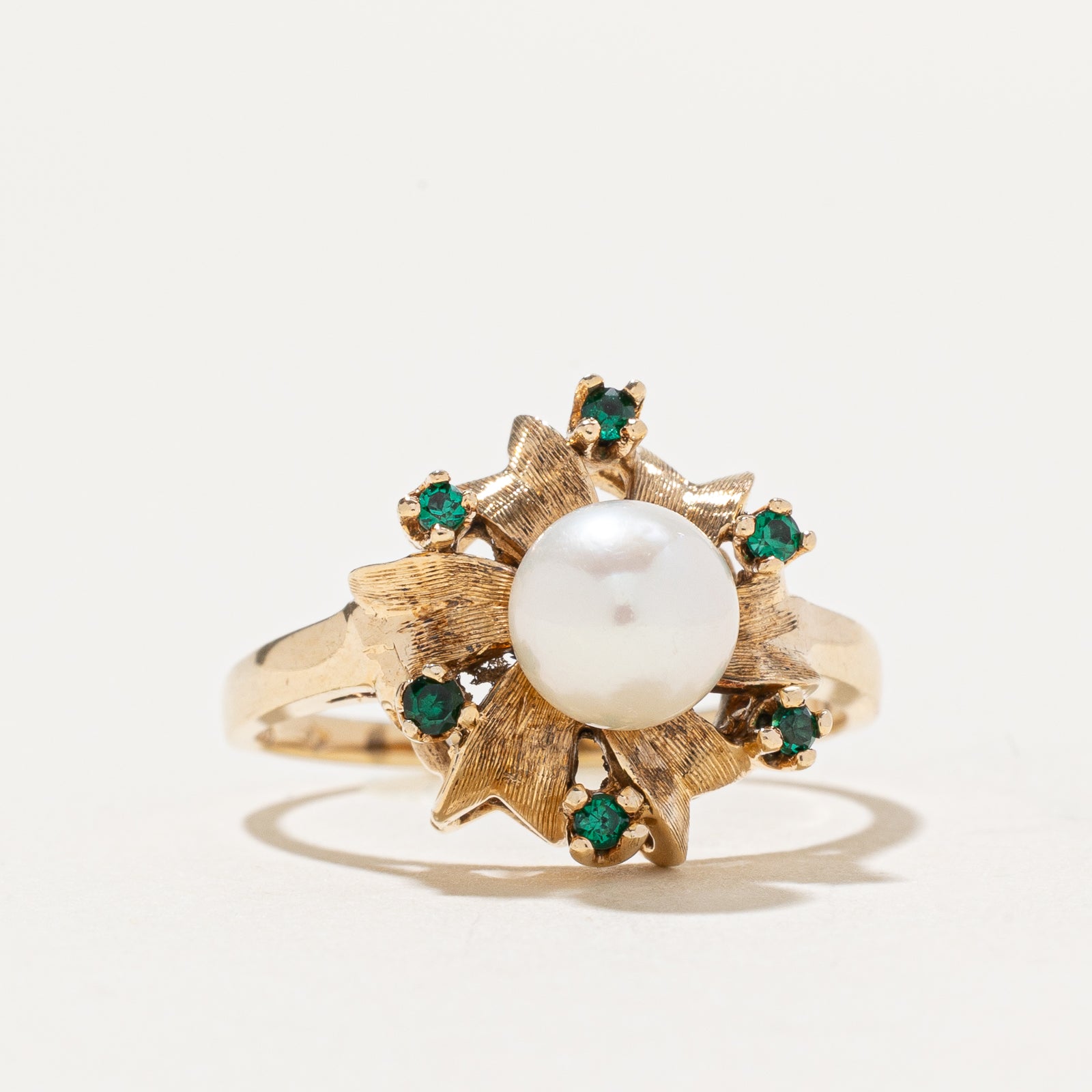 Pearl & Simulant Emerald Doublet Cocktail Ring | 0.12ctw | SZ 8.25