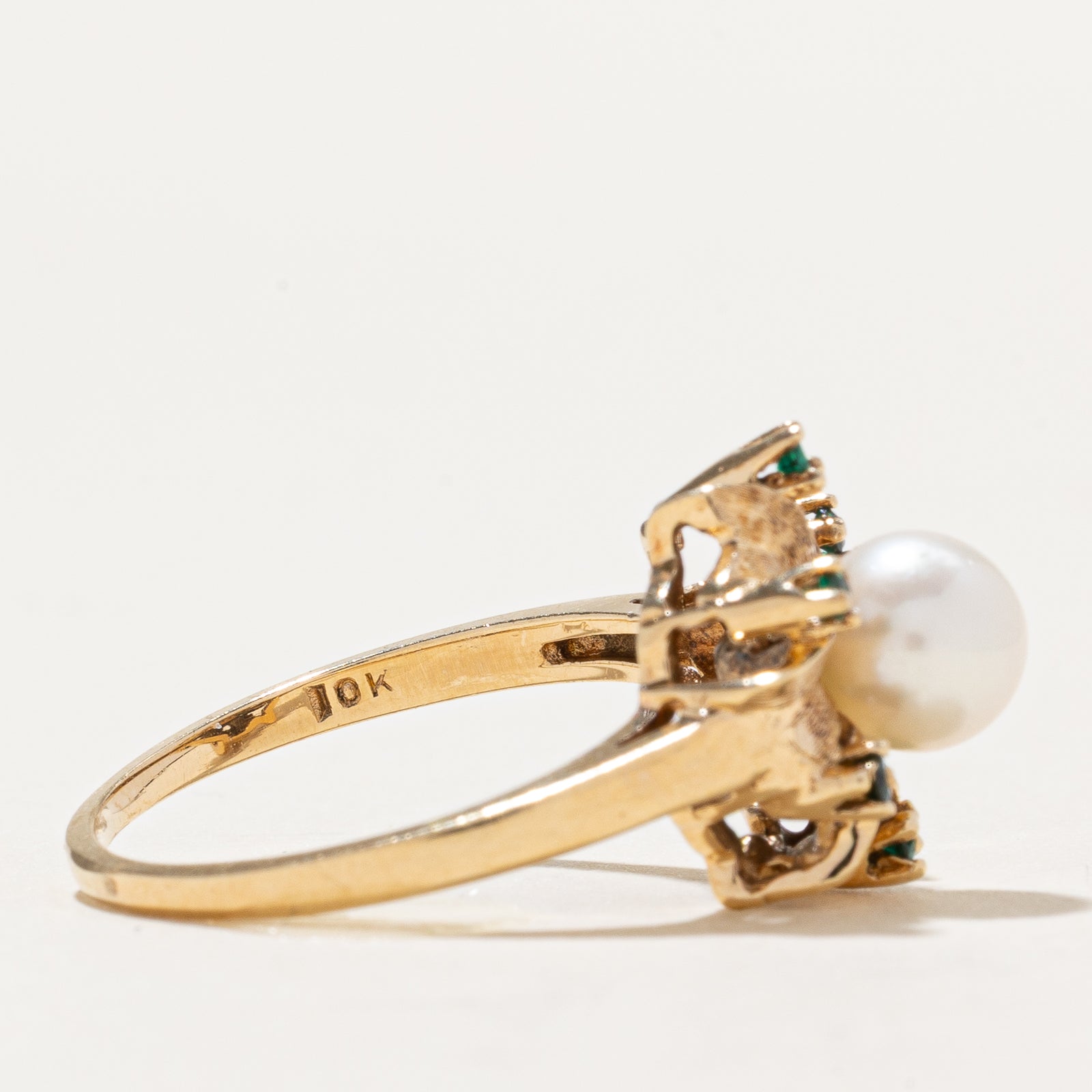 Pearl & Simulant Emerald Doublet Cocktail Ring | 0.12ctw | SZ 8.25
