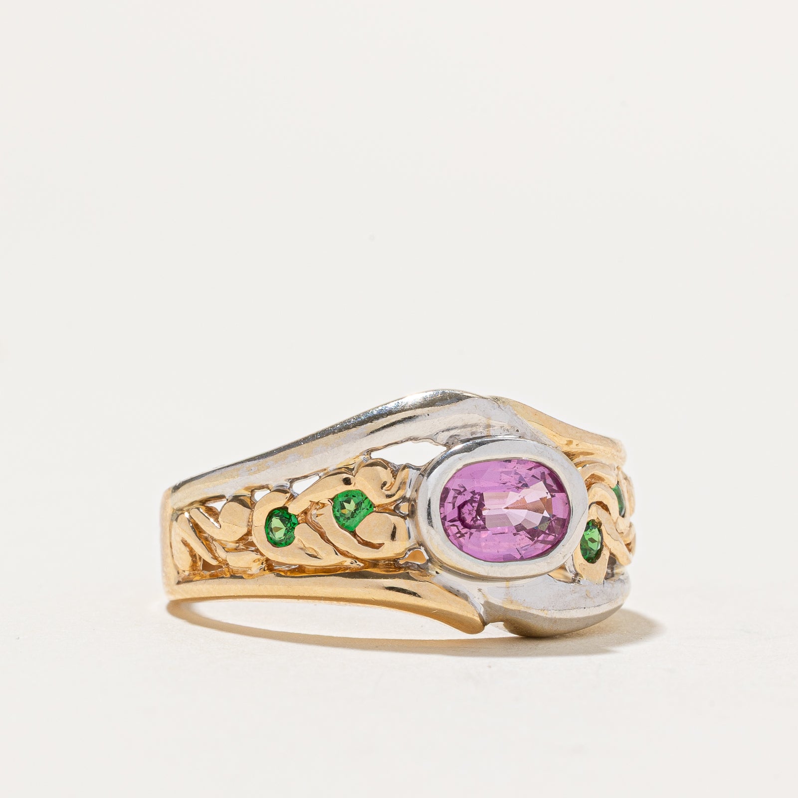 East West Pink Sapphire & Tsavorite Garnet Textured Ring | 1.14ctw | SZ 10.25