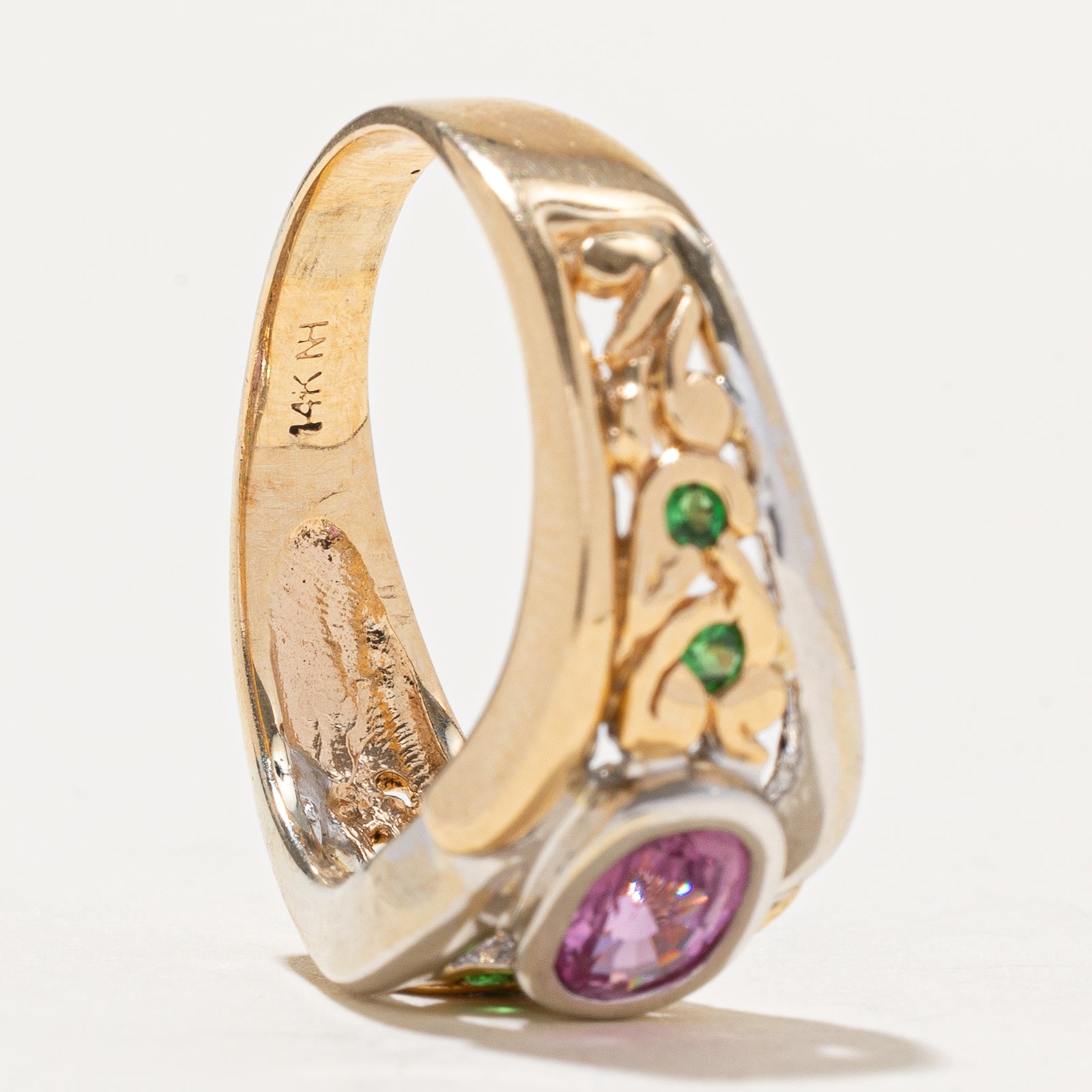 East West Pink Sapphire & Tsavorite Garnet Textured Ring | 1.14ctw | SZ 10.25
