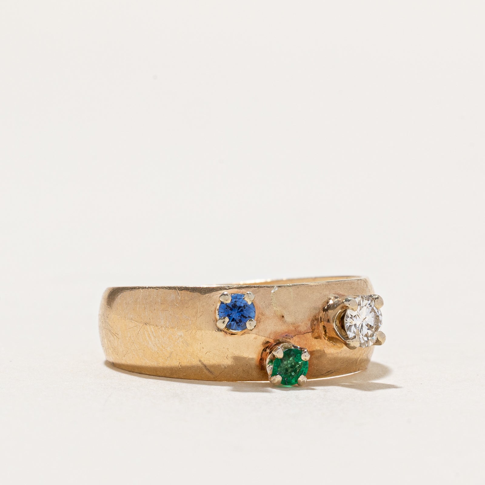 Three Stone Diamond, Sapphire & Emerald Band | 0.14ct, 0.10ctw | SZ 5.75