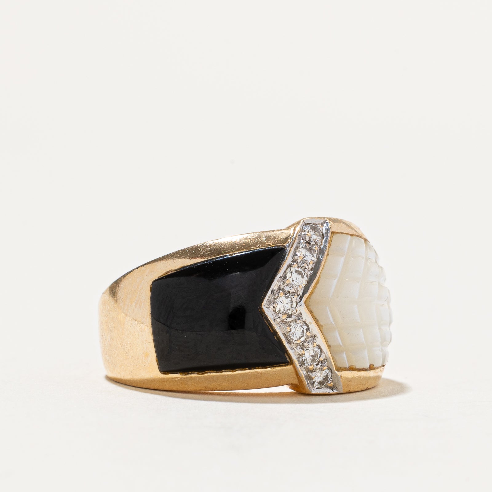 Mother of Pearl, Onyx & Diamond Ring | 6.50ctw , 0.15ctw | SZ 6.75